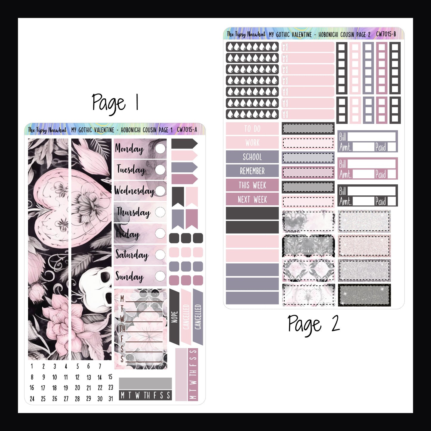 My Gothic Valentine Hobonichi Cousin Pages 1 and 2.  Page 1 features washi, date covers, habit tracking, and weekly stickers as well as page flags and check boxes.   Page 2 features headers, checklists, bill tracking and appointment stickers. 