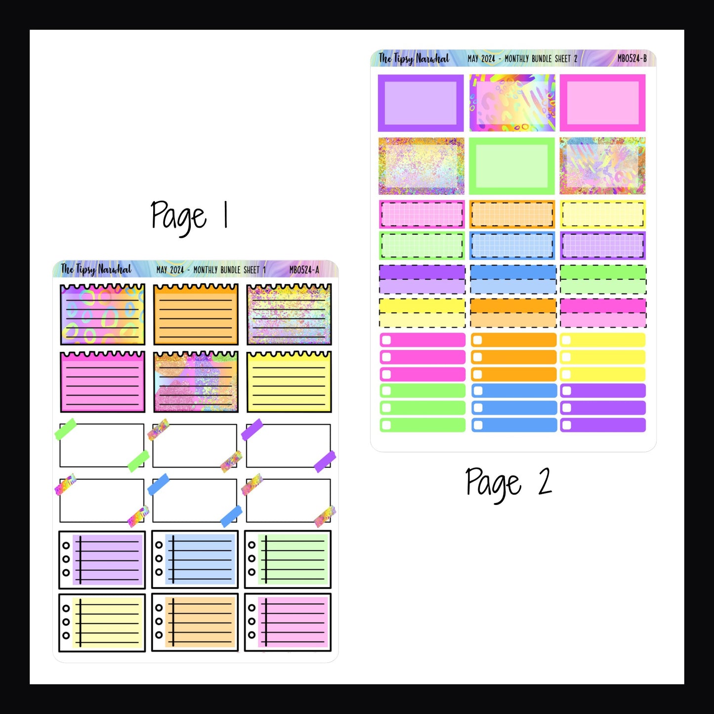 Digital May 2024 Monthly Bundle pages 1 and 2.  Page 1 features note stickers in 3 different formats. Page 2 features half box stickers, quarter box stickers in two formats, and a collection of skinny check box stickers. 