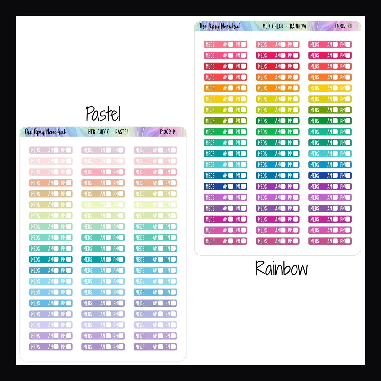 Digital Med Check Stickers in the pastel and rainbow color palettes