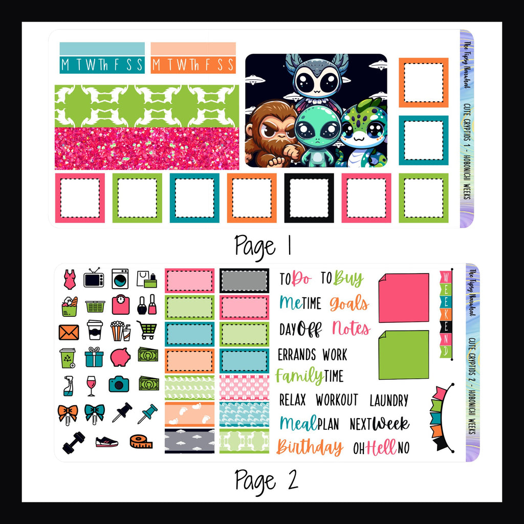 Digital Cute Cryptid Hobonichi Weeks Kit pages 1 and 2.  Page 1 features square boxes, small washi, habit trackers and a large decorative sticker.  Page 2 features daily icons, script stickers, weekend banner and appointment stickers. 
