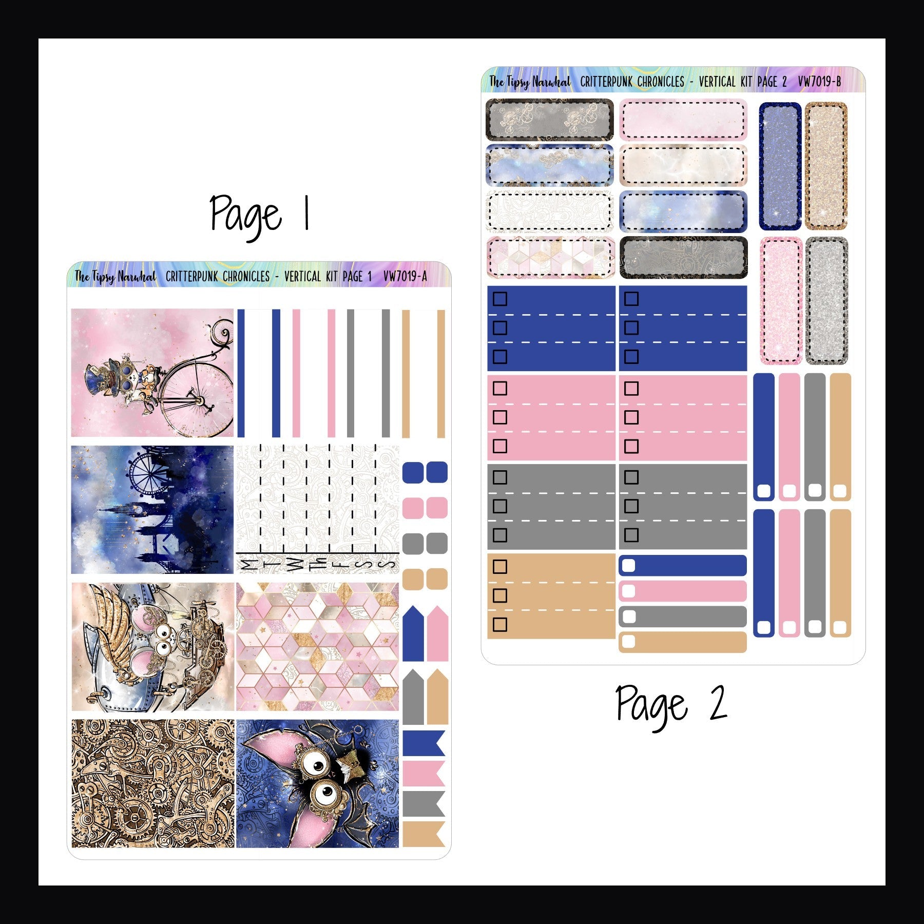 Critterpunk Chronicles Vertical Weekly Kit pages 1 and 2.  Page 1 features full box size decor stickers, a weekly sticker, page flags and quarter boxes.  Page 2 features quarter boxes, half box size checklist stickers, and skinny check stickers.