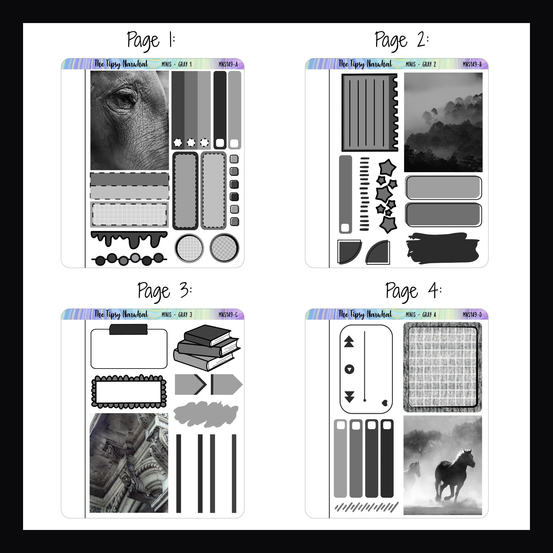 Gray freestyle minis pages 1-4. Each quarter sheet sized page features a full deco box sticker and a selection of functional gray stickers. 
