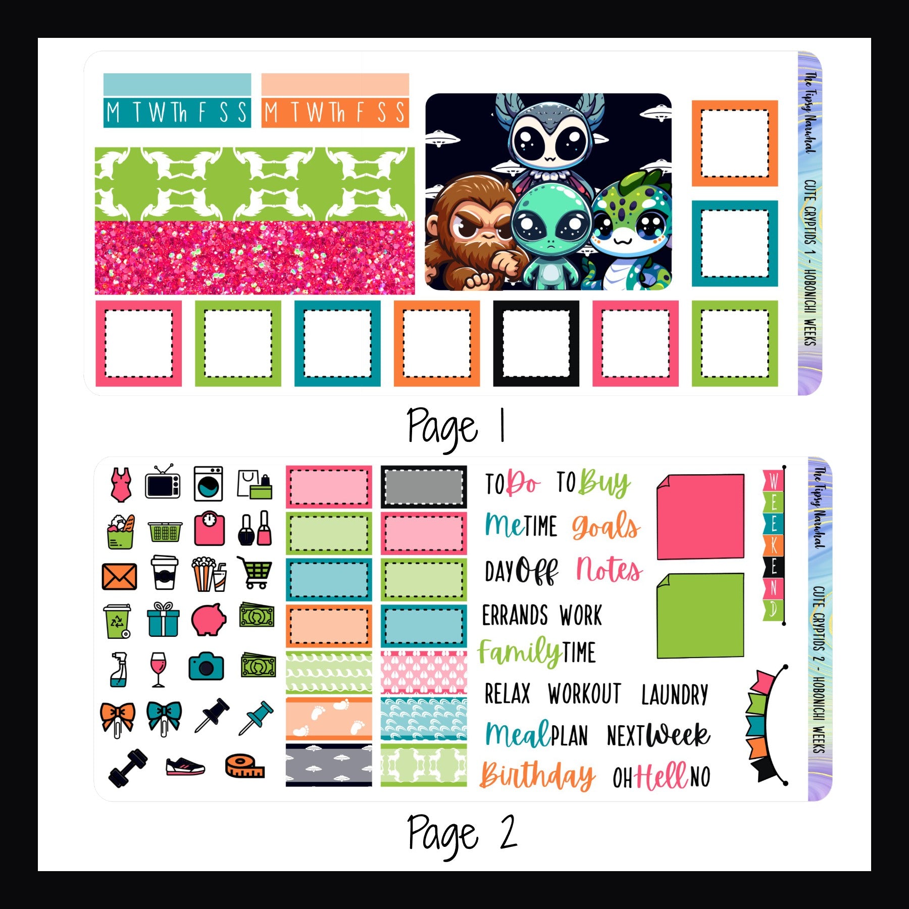 The Cute Cryptids Hobonichi Weeks Kit pages 1 and 2.  Page 1 features box stickers, habit trackers, small washi strips and a large decorative sticker.  The 2nd page features daily icons, script stickers, sticky note style stickers, weekend banner and appointment stickers. 