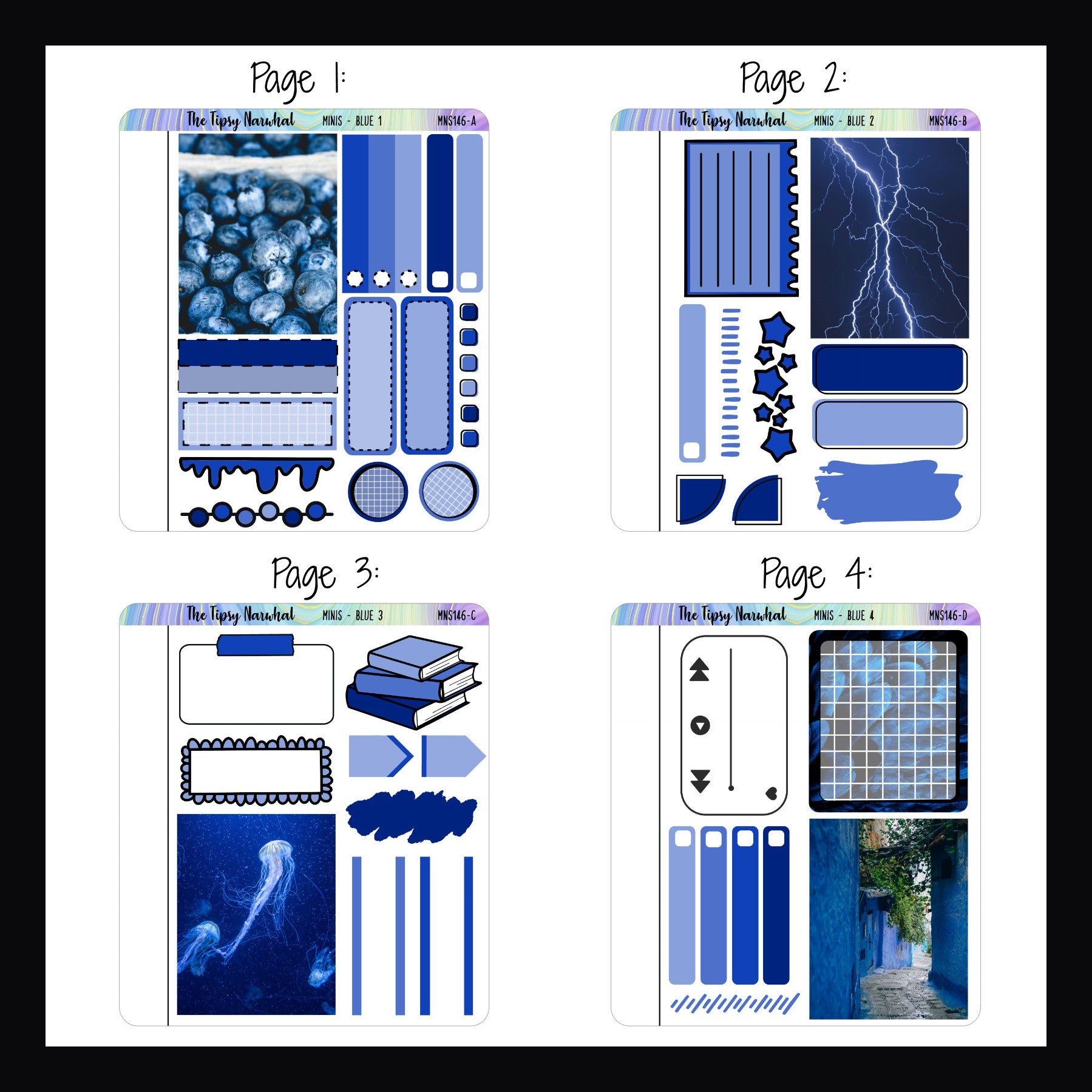 Blue Freestyle Minis pages 1-4.  Each quarter sized sheet features one large full box deco sticker and a unique selection of blue functional stickers. 