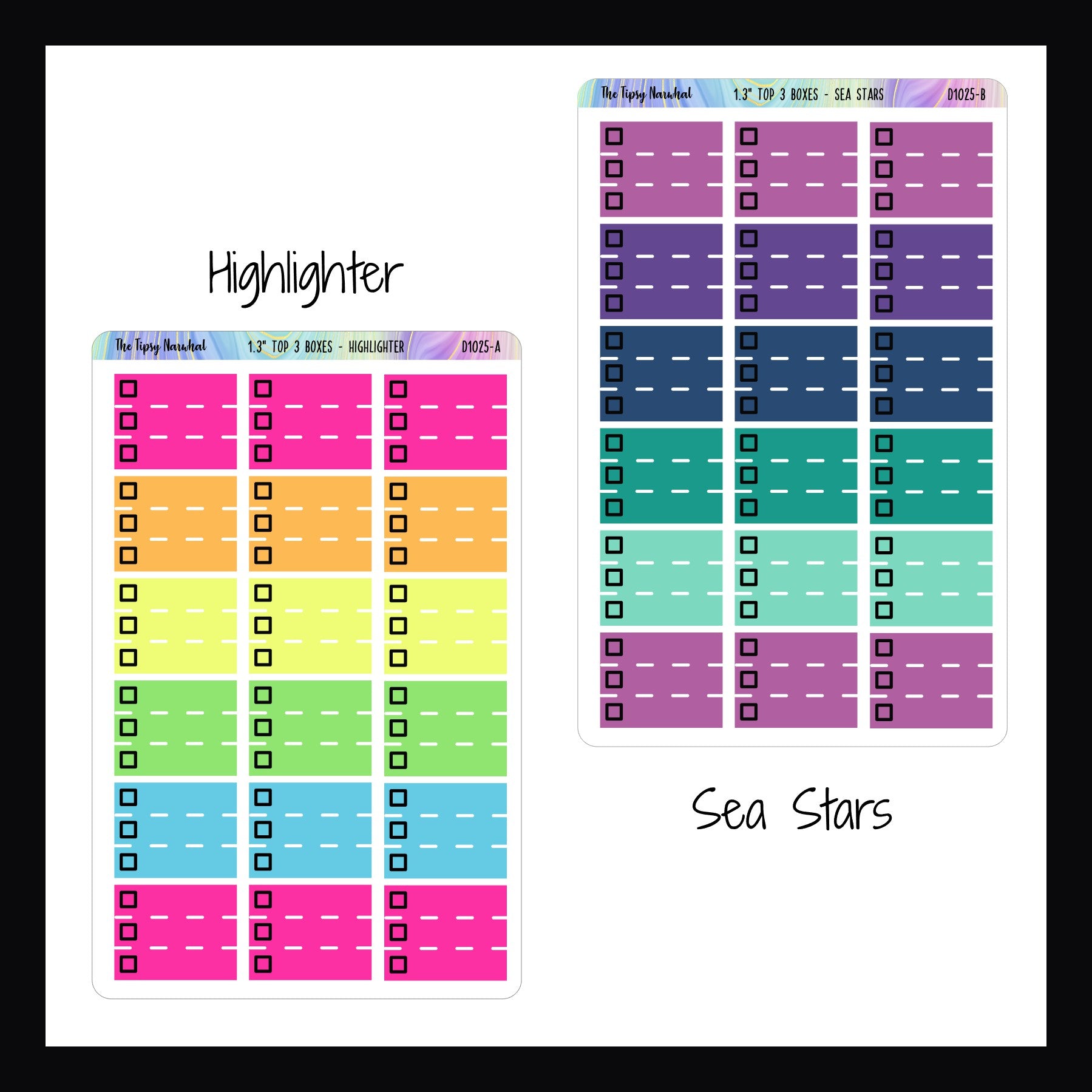 Functional Stickers - 1.3 inch Top 3, highlighter and sea stars variants shown.