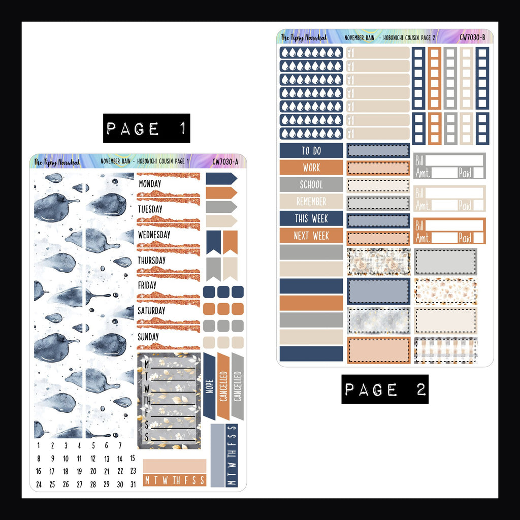 November Rain Hobonichi Cousin Sticker Kit Pages 1 and 2.  Page 1 features wash and date cover stickers.  Page 2 features quarter boxes, header and tracking stickers. 
