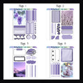 Lavender Freestyle Minis pages 1-4.  Each quarter sheet sized page features a full box decor sticker and a handful of lavender functional stickers. 