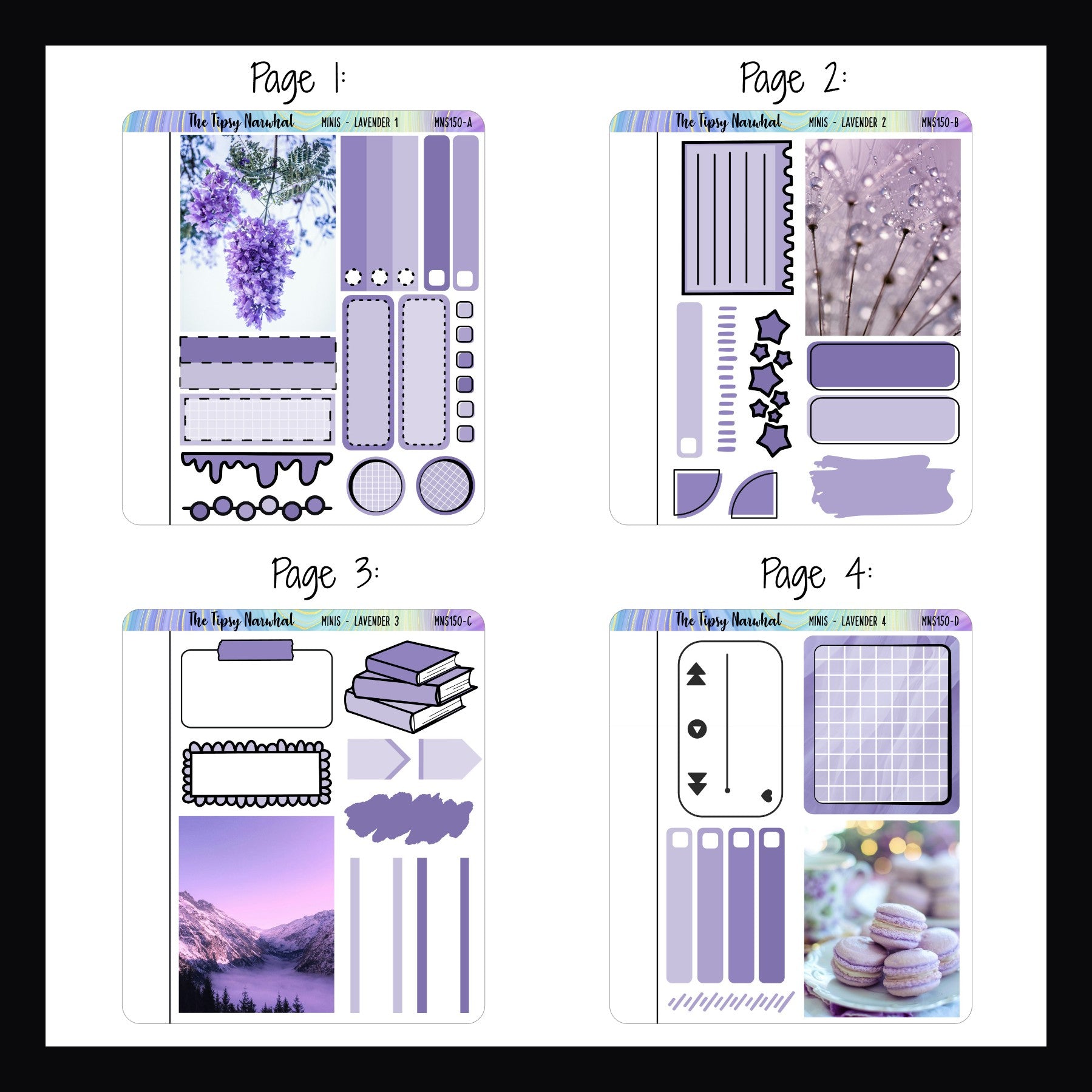 Lavender Freestyle Minis pages 1-4.  Each quarter sheet sized page features a full box decor sticker and a handful of lavender functional stickers. 