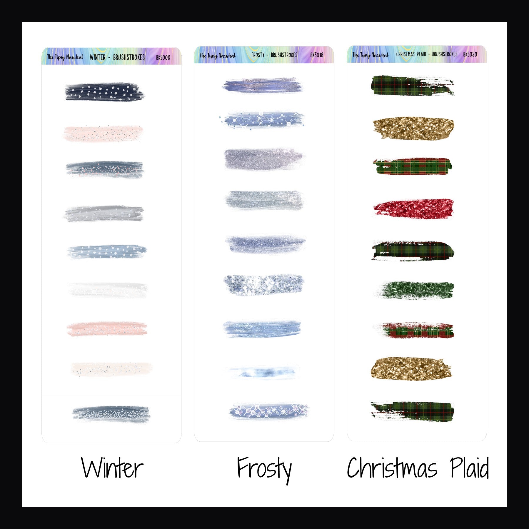 Brushstoke sticker sheets labeled 'Winter', 'Frosty', and 'Christmas Plaid' on a white background.