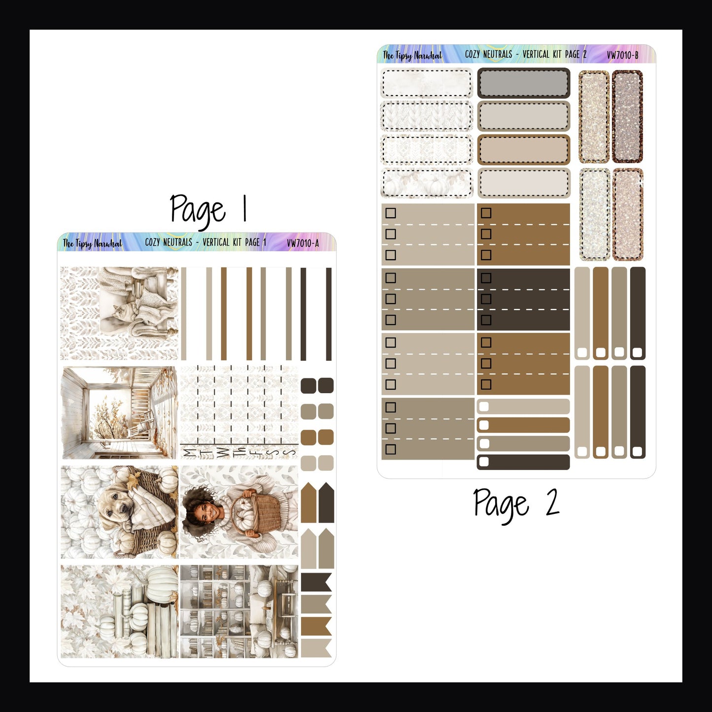 Cozy Neutrals Vertical Kit Pages 1 and 2.  Page 1 features full box deco, page flags, a weekly sticker and a handful of appointment stickers. Page 2 features more appointment stickers, skinny check boxes and top 3 checklists. 