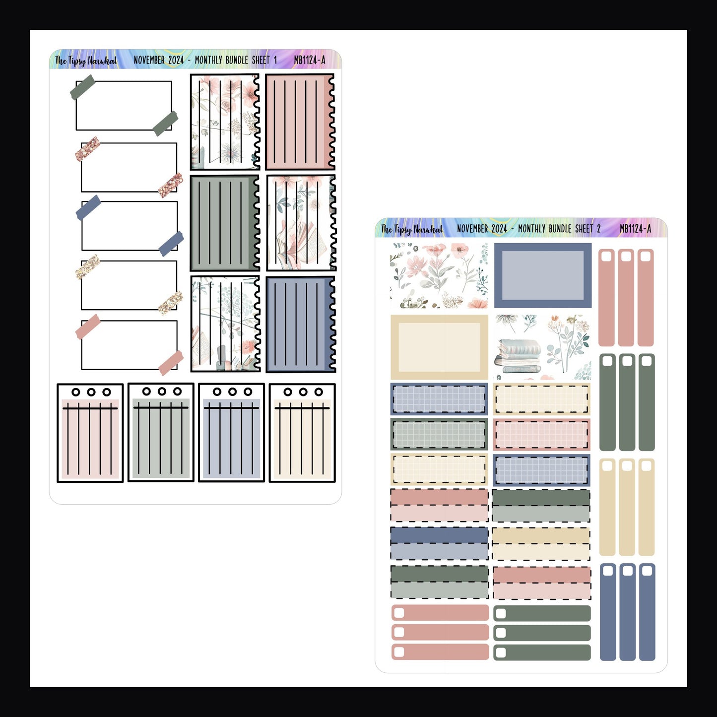 November 2024 Monthly Bundle pages  and 2.  Page 1 features three different styles of sticky note style stickers.  Page 2 features half boxes, quarter boxes, and skinny style stickers with check boxes. 
