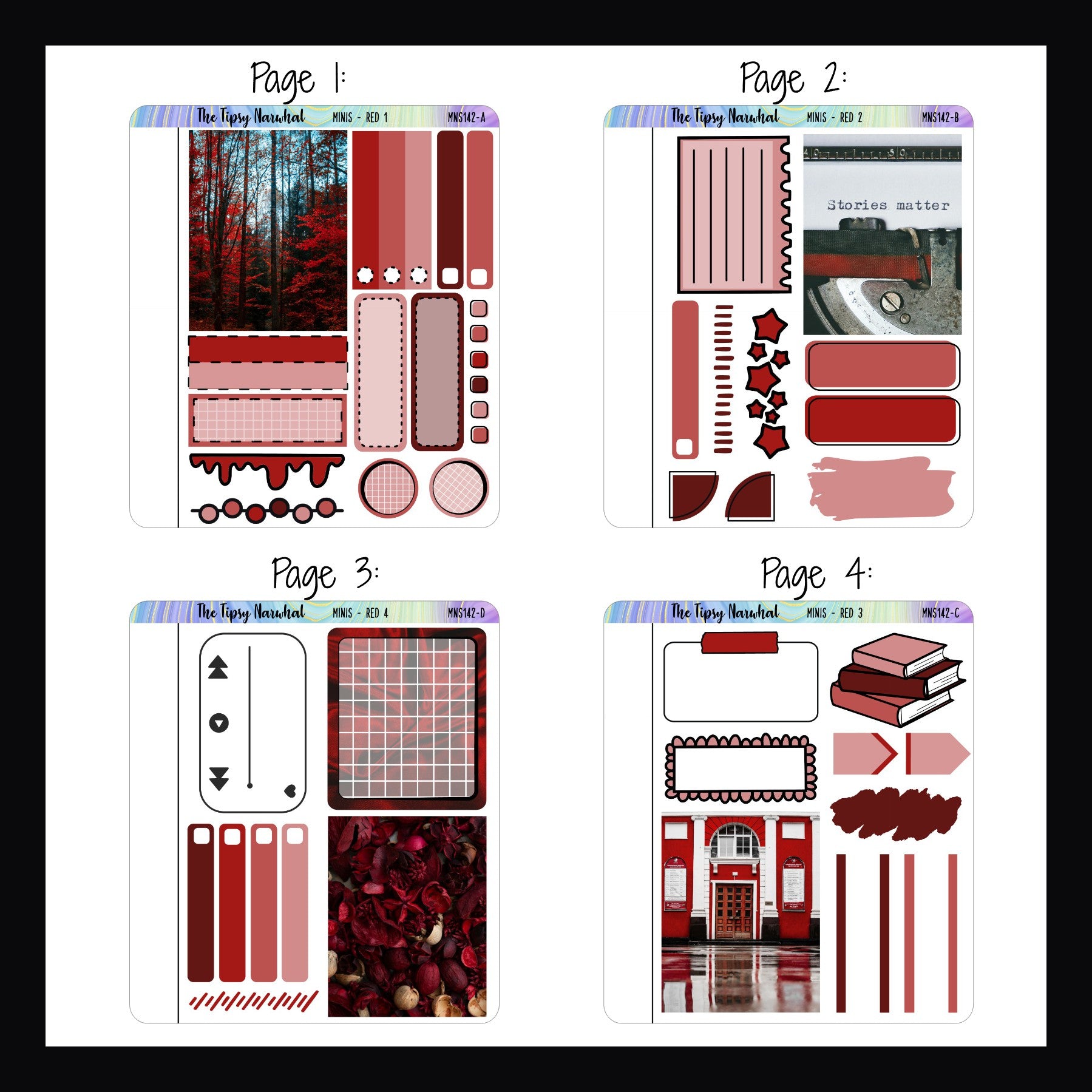 Red Freestyle Minis pages 1-4.  Each quarter sized sheet features a large deco box sticker and a varying selection of functional stickers.