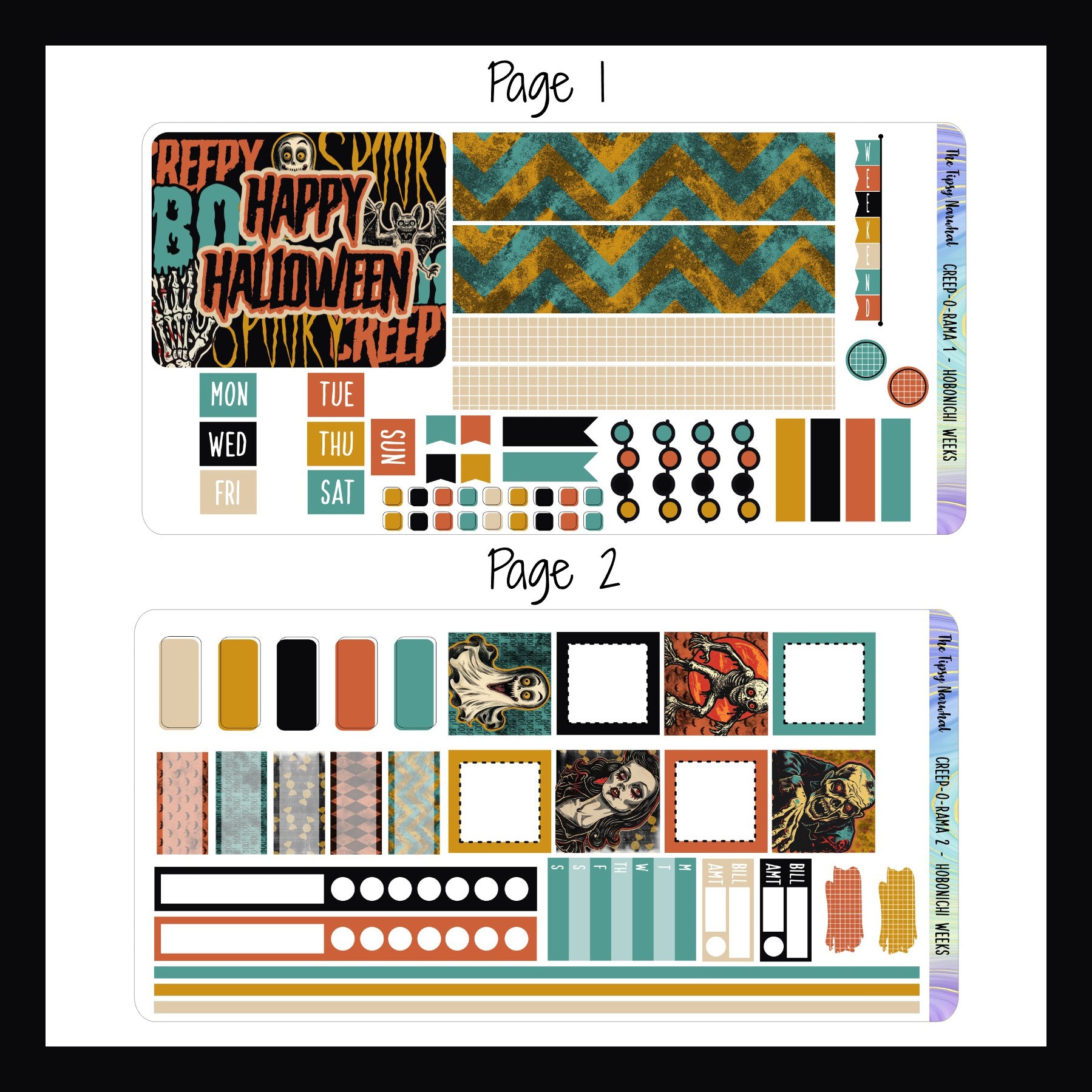 Creep-O-Rama Hobonichi Weeks pages 1 and 2 shown on a white background.