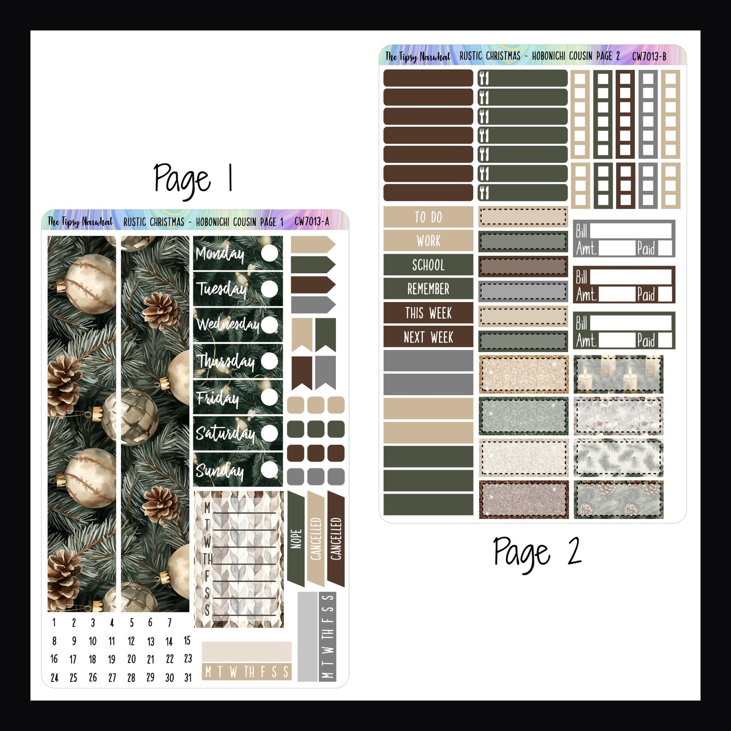 Rustic Christmas Hobonichi Cousin Kit Pages 1 and 2.  Page 1 features washi, dates covers, weekly sticker, habit trackers, page flags and check boxes.  Page 2 features water tracking, meal tracking, quarter boxes, headers and checklist stickers. 