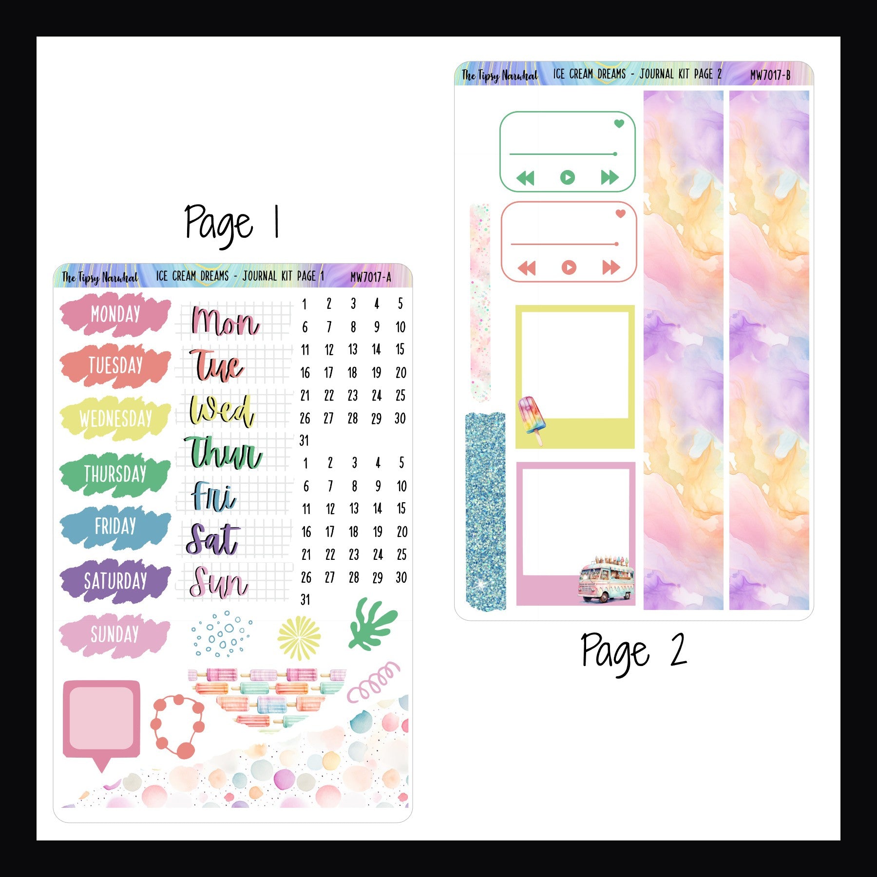 Ice Cream Dreams Journal Kit pages 1 and 2.  Page 1 features two styles of date covers, some scribble style stickers, some ripped style pattern stickers, and a speech bubble sticker.  Page 2 features full size and small washi strips, playlist stickers and photo frame stickers. 