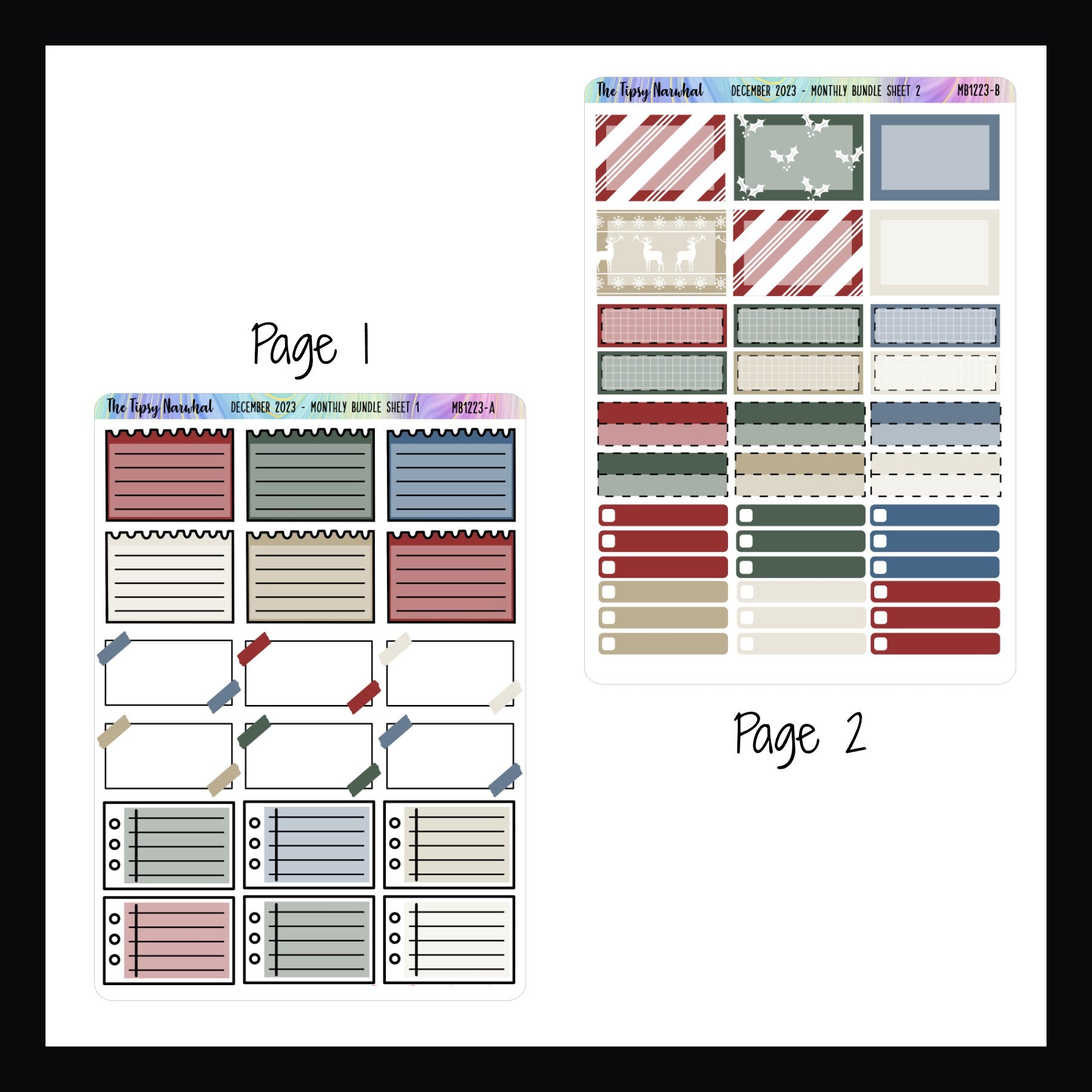 December Functional Monthly Bundle pages 1 and 2, Page 1 contains note stickers, sticky note stickers, page 2 contains multiple half box, quarter box and skinny check box stickers.