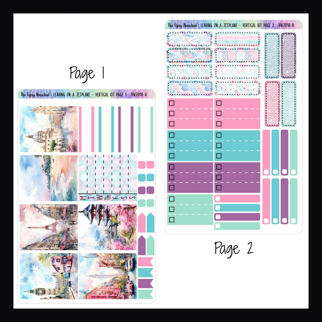 Leaving on a Jetplane Vertical Kit Pages 1 and 2.  Page 1 features full box stickers, a weekly sticker, page flags and quarter boxes.  Page 2 features additional quarter boxes, skinny check boxes, and 3 item checklist boxes. 