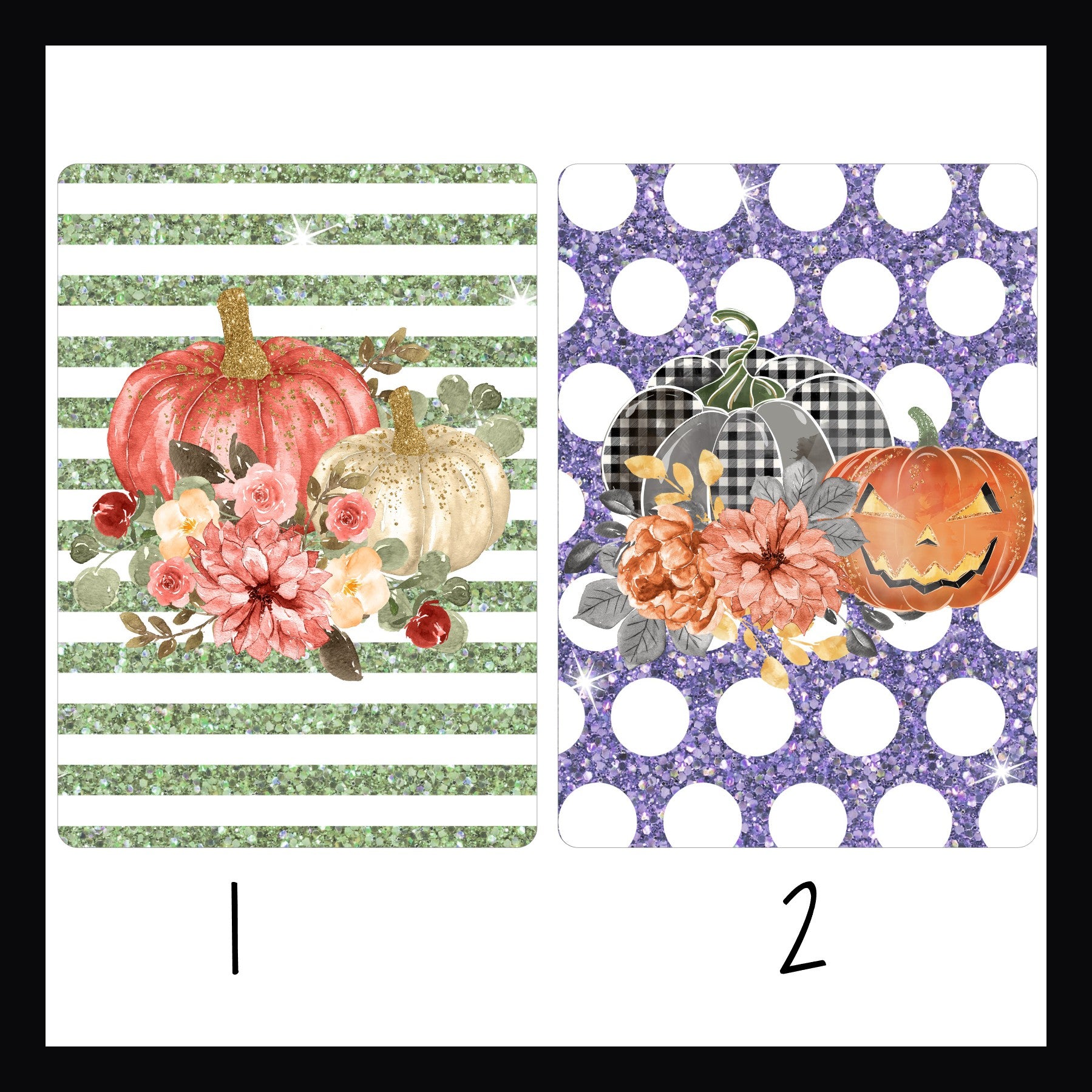 Autumn Glitter Kindle Inserts designs 1 & 2. Design 1 features a pumpkins and flower design on a green striped background.  Design 2 features a jack o lantern and flower design on a purple polka dot background.