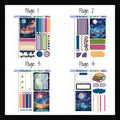 The Starry Skies Freestyle Minis pages 1-4.  Each of these 4 quarter sized sticker sheets feature a full sized decor boxes, functional boxes for appointments and your choice of either decorative elements or additional functional elements.