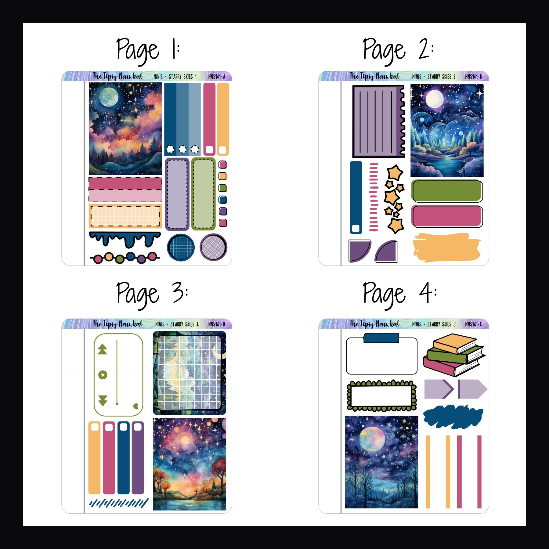 The Starry Skies Freestyle Minis pages 1-4.  Each of these 4 quarter sized sticker sheets feature a full sized decor boxes, functional boxes for appointments and your choice of either decorative elements or additional functional elements.