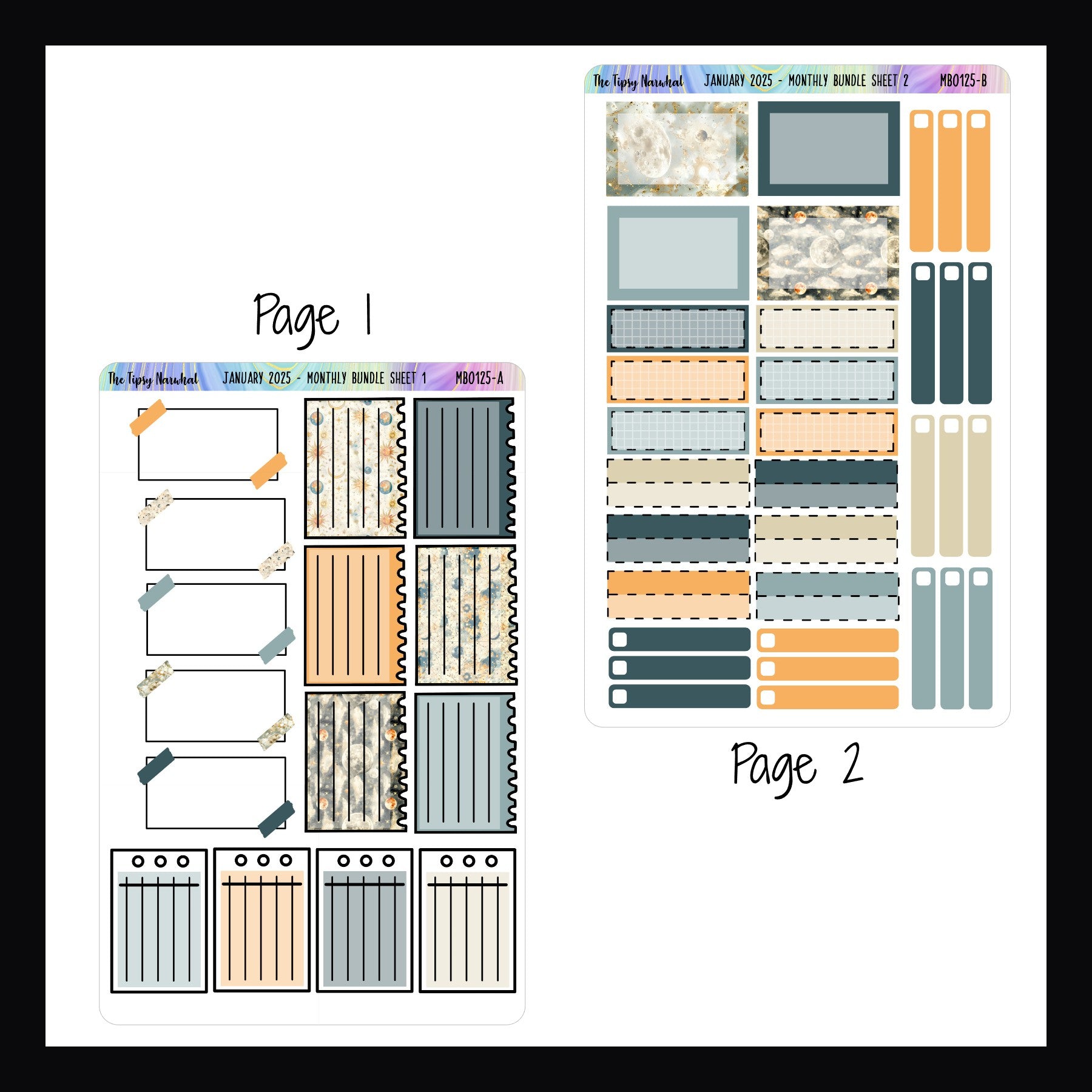 January 2025 Monthly Bundle pages 1 and 2.  Page 1 features note stickers in three different styles.  Page 2 contains skinny check boxes, quarter boxes and half box stickers. 
