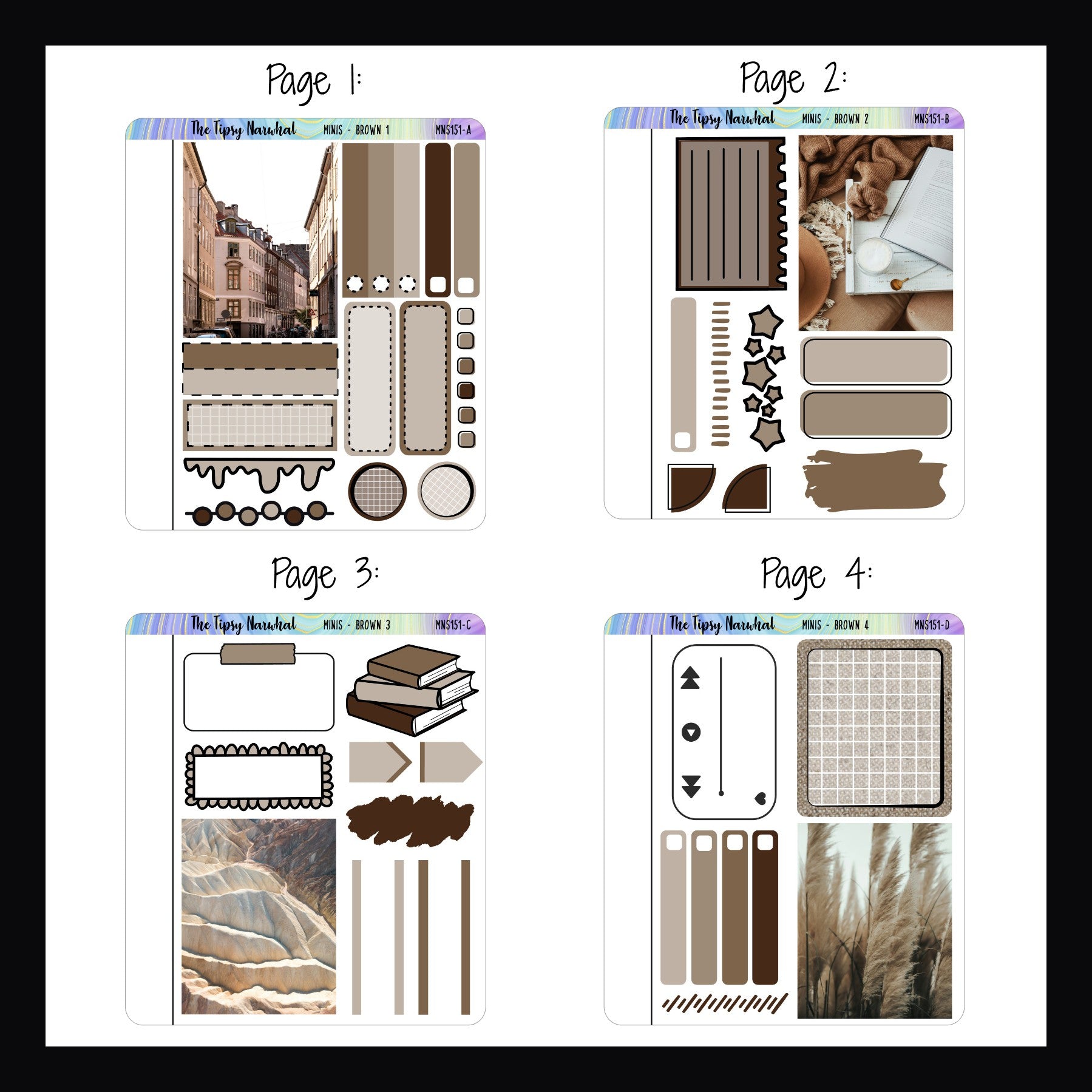 Neutral Freestyle Minis pages 1-4.  Each of these quarter sheet sizes pages feature a full box deco sticker and a collection of neutral hued functional stickers. 
