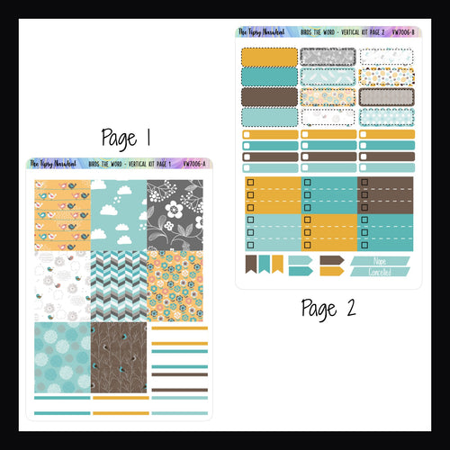 Birds the Word Vertical Kit Pages 1 and 2. Page 1 features full boxes and some quarter boxes.  Page 2 features quarter boxes, skinny check boxes, priority check lists, page flags and cancel stickers. 