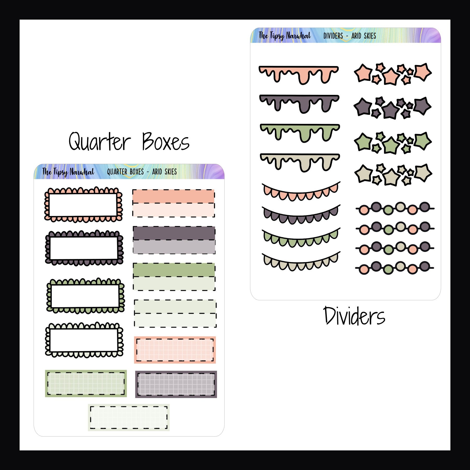 Sheet of planner stickers including quarter boxes and dividers on a white background.