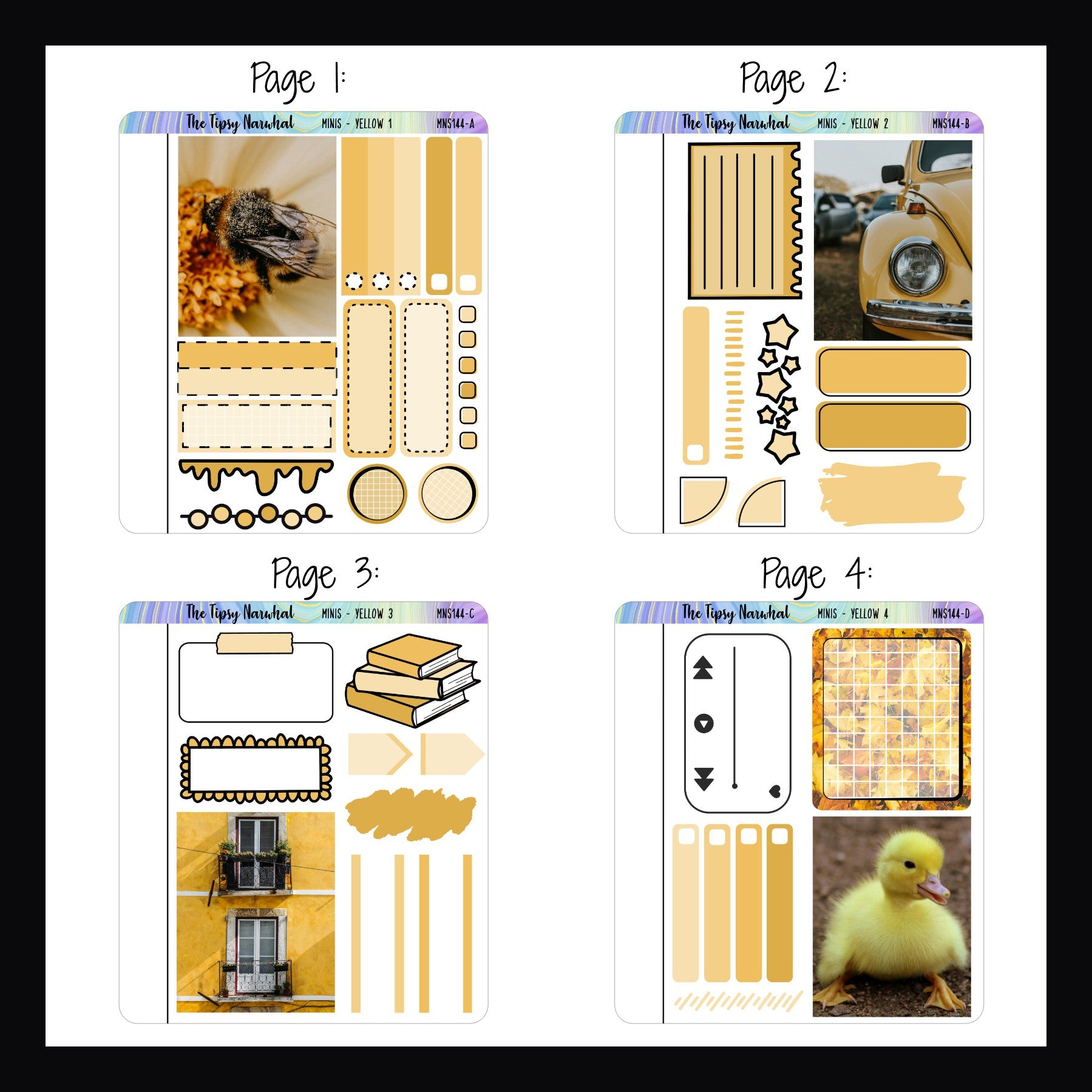 Yellow Freestyle Mini sheets pages 1-4.  Each quarter sized sheet features ones large deco box sticker and a selection of functional stickers. 