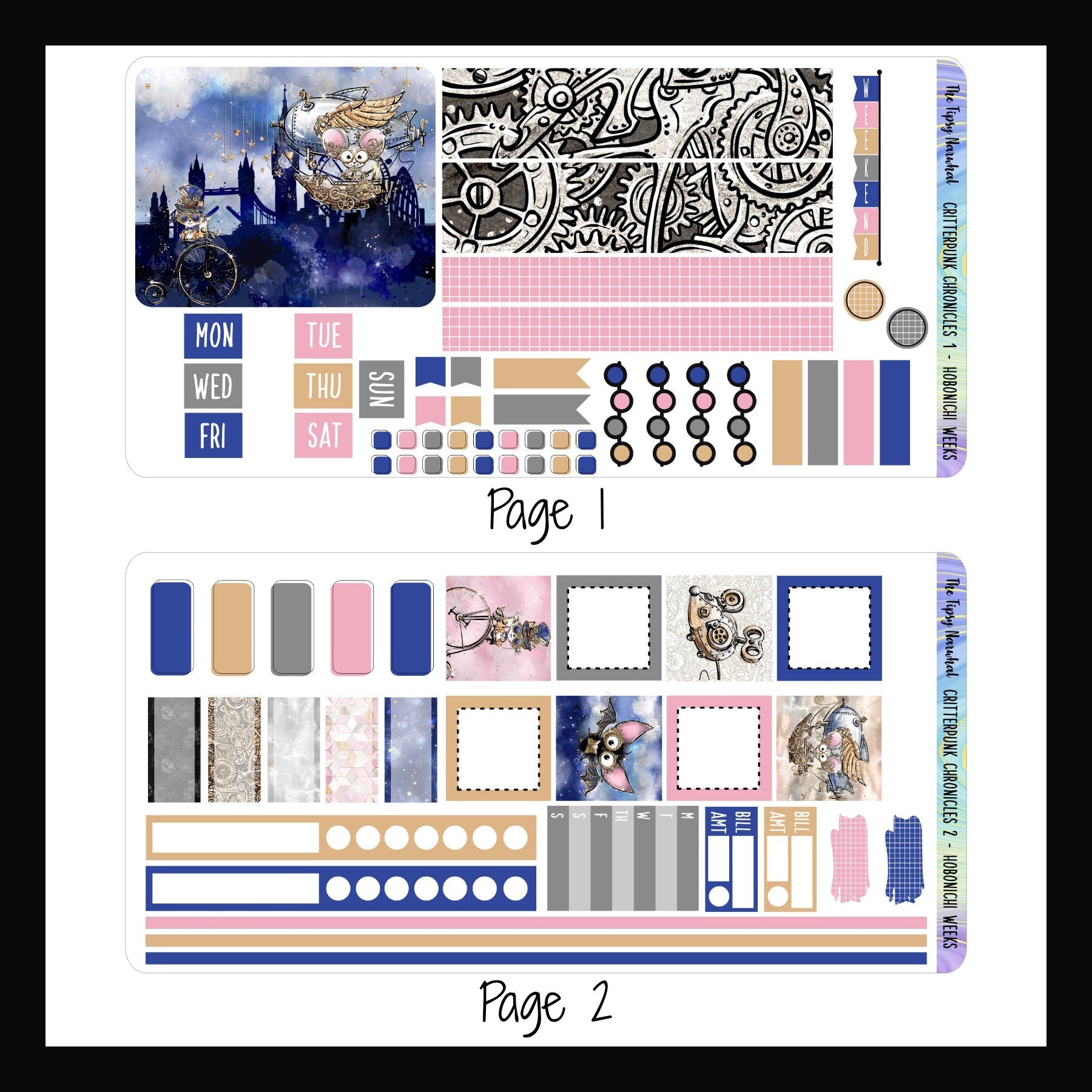 Critterpunk Chronicles Hobonichi Weeks Kit pages 1 and 2.  Page 1 features a large format sticker, washi strips, weekend banner, date covers, headers, checklists, and page flags.  Page 2 features square boxes, appointment stickers, habit trackers, a weekly sticker, bill trackers and skinny washi strips.