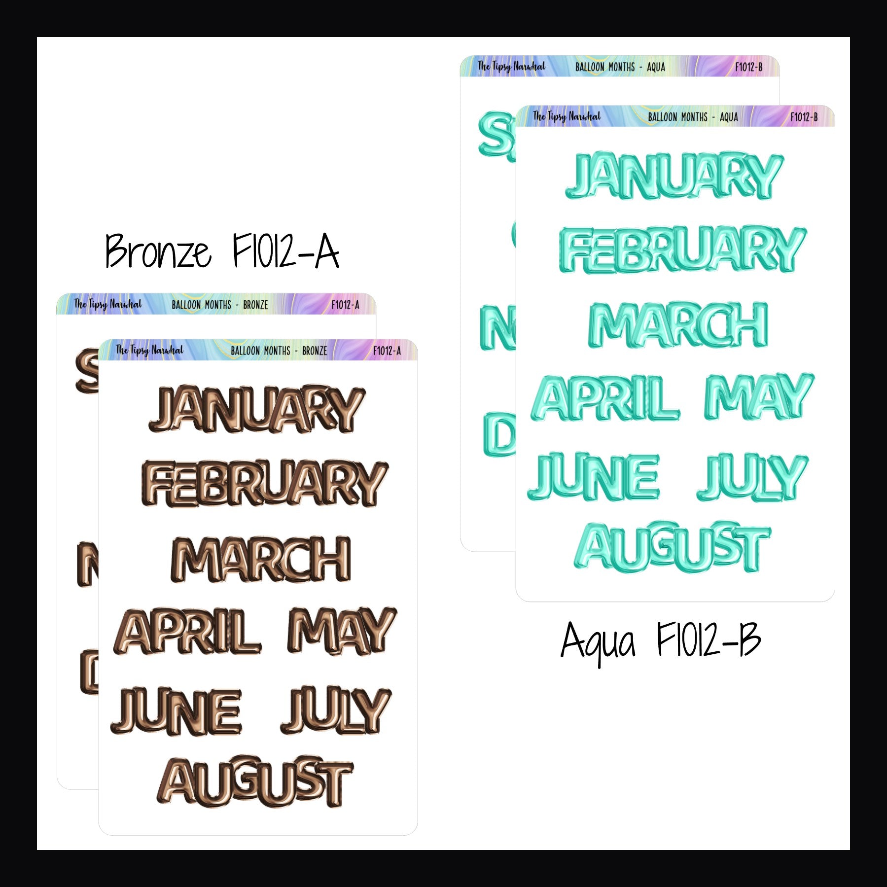 Large Monthly Balloon Headers in Bronze and Aqua