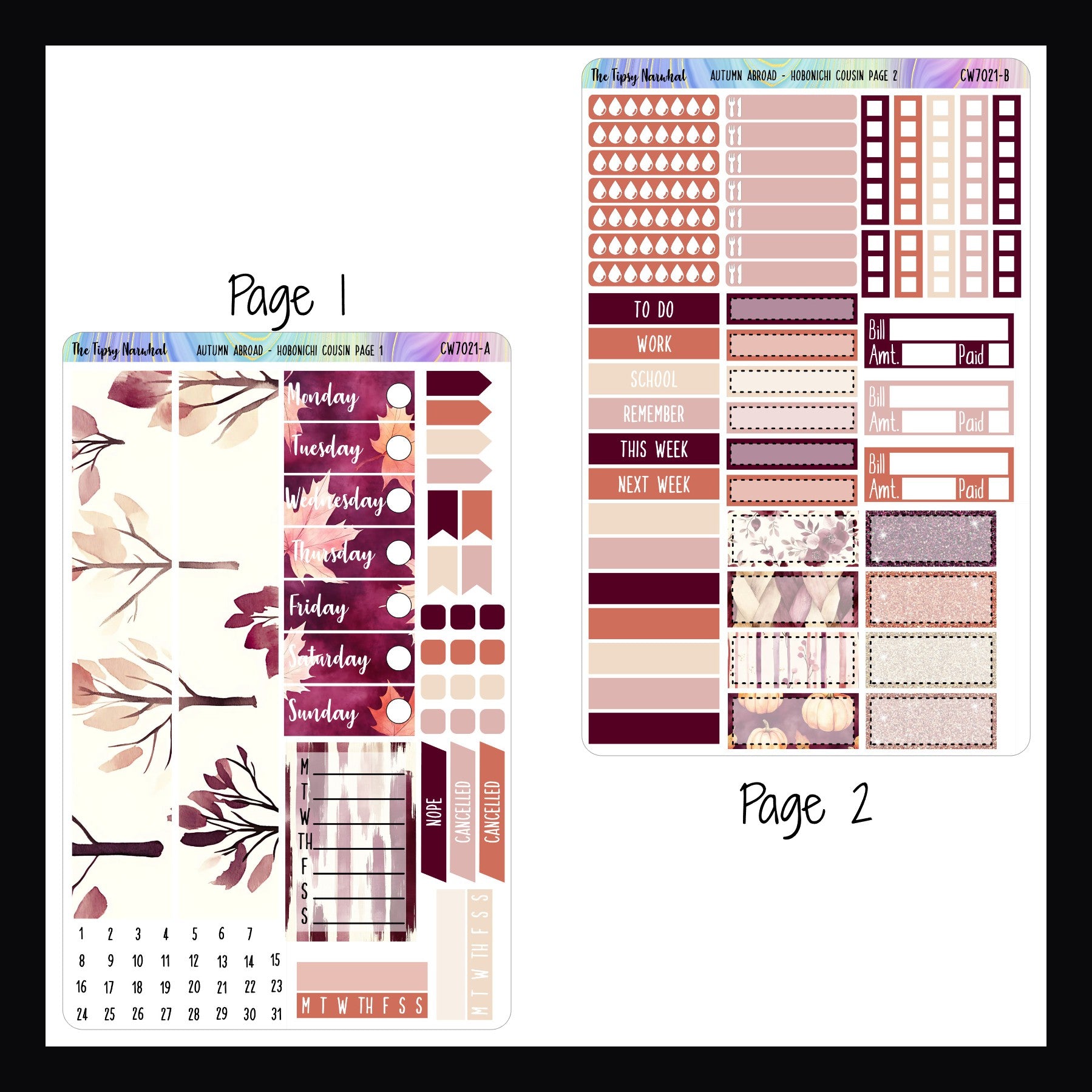 Autumn Abroad Hobonichi Cousin Kit pages 1 and 2 shown on a white background. 