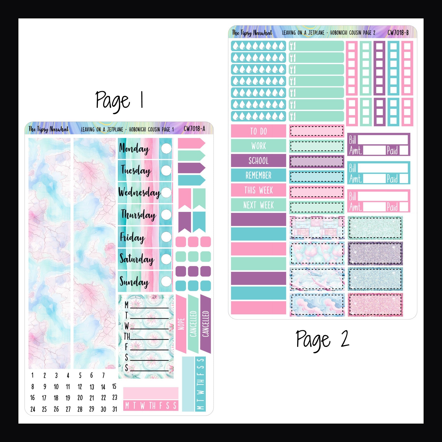 Leaving on a Jet Plane Hobonichi Cousin Kit Pages 1 and 2. Page 1 features washi, date covers, full week sticker, habit trackers, cancelled stickers, and flag stickers.  Page 2 features appointment stickers, bill tracking stickers, headers, checklists, hydration tracking and meal stickers. 