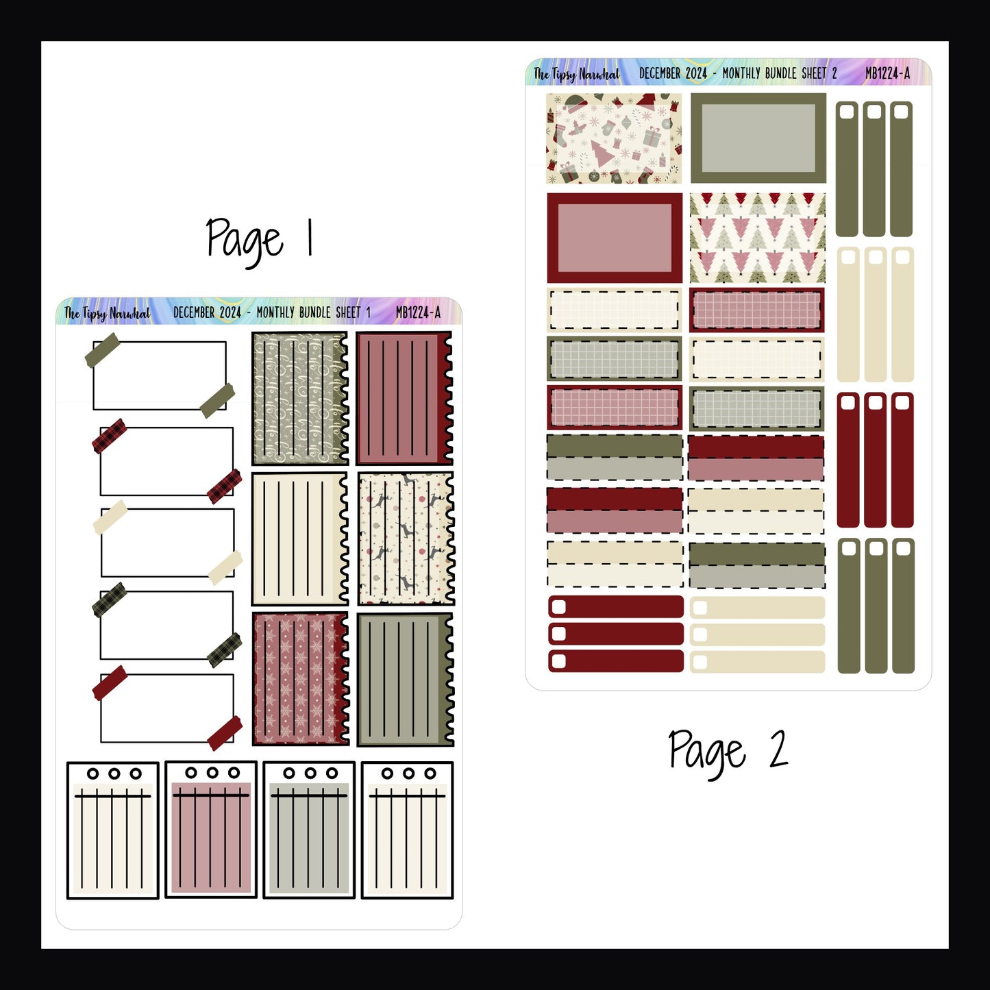 December 2024 Monthly Bundle Pages 1 and 2. Page 1 features 3 different styles of notes stickers.  Page 2 features half boxes, quarter boxes and skinny check boxes. 