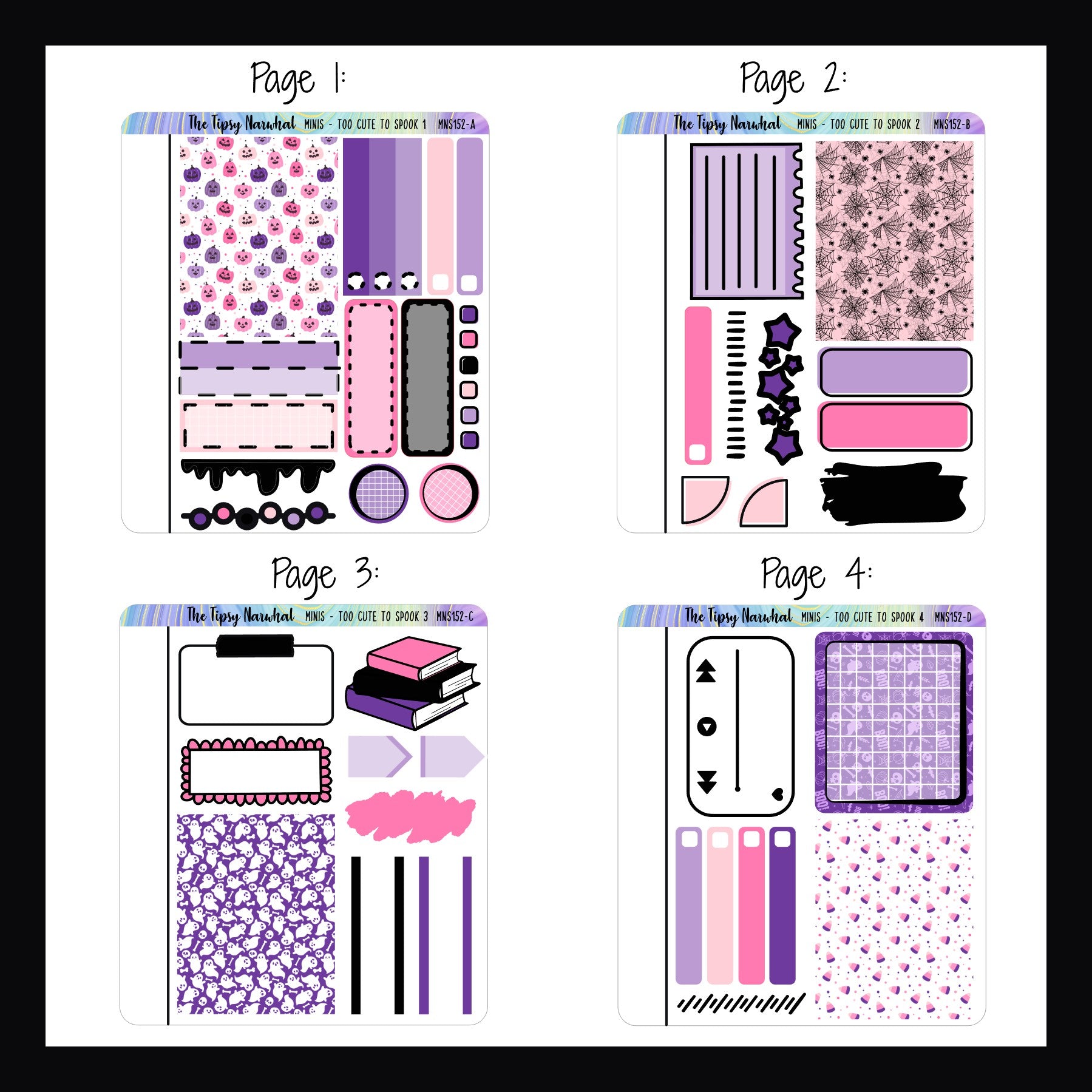 Too Cute To Spook Freestyle Minis pages 1-4 shown on a white background. 