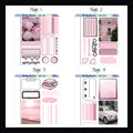 Pink Freestyle Minis pages 1-4.  Each quarter sheet features a full size deco box and a selection of pink functional stickers. 