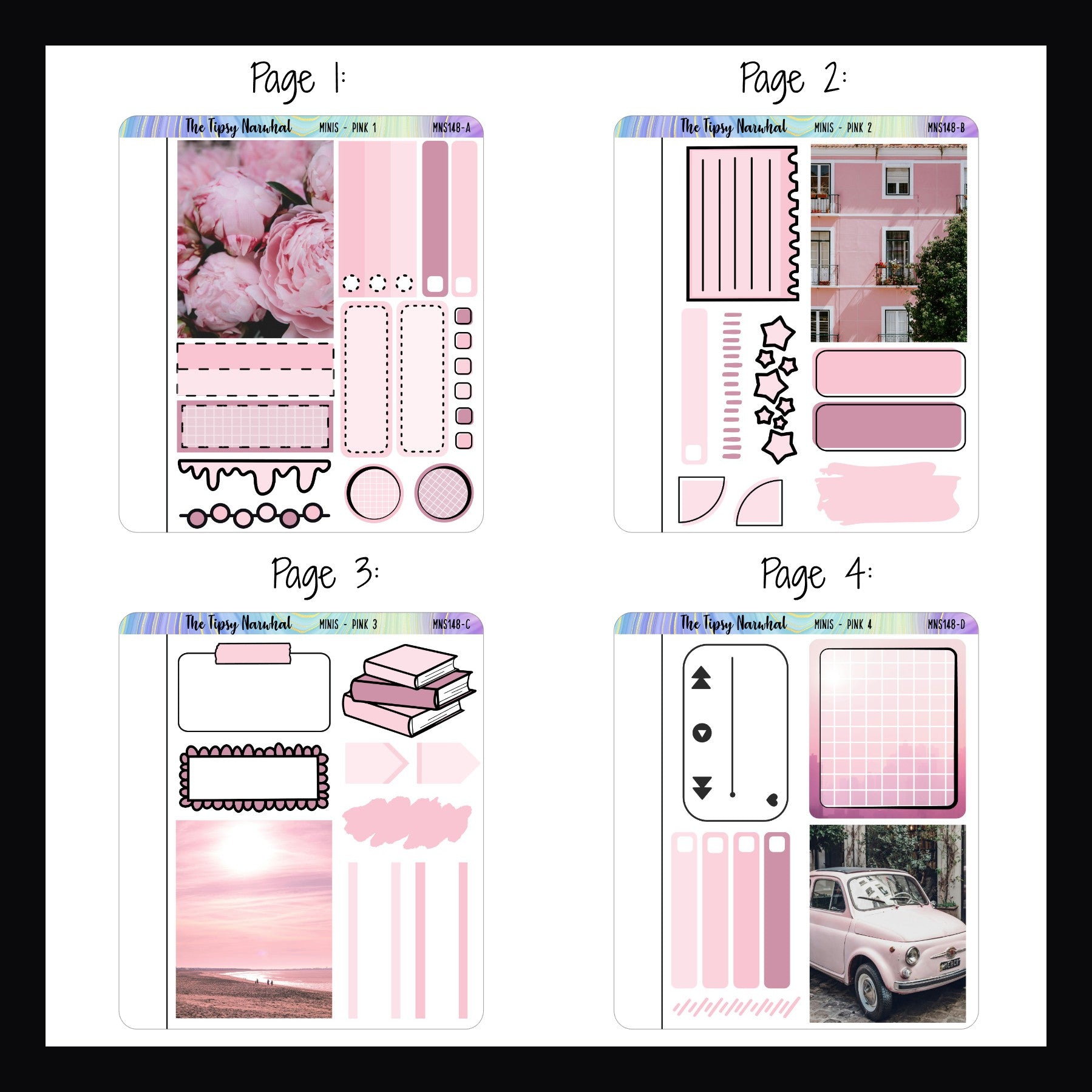 Pink Freestyle Minis pages 1-4.  Each quarter sheet features a full size deco box and a selection of pink functional stickers. 