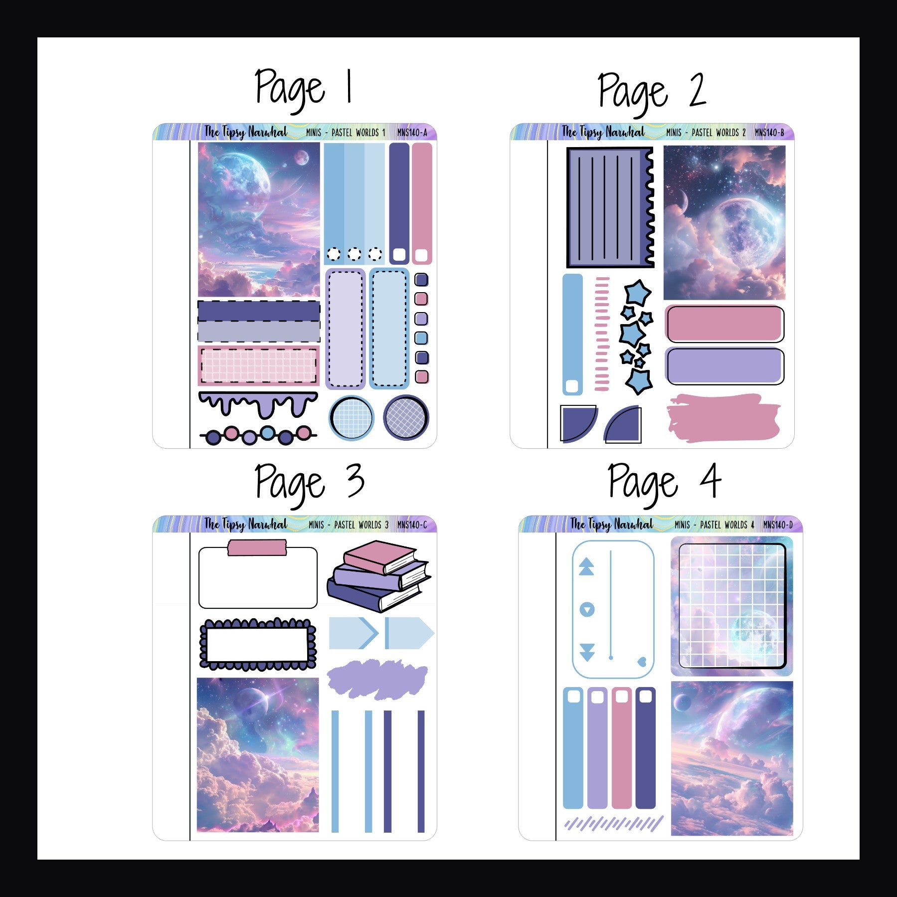 The Pastel Worlds Freestyle Minis pages 1-4.  Each of these 4 quarter sized sticker sheets feature a full sized decor boxes, functional boxes for appointments and your choice of either decorative elements or additional functional elements.