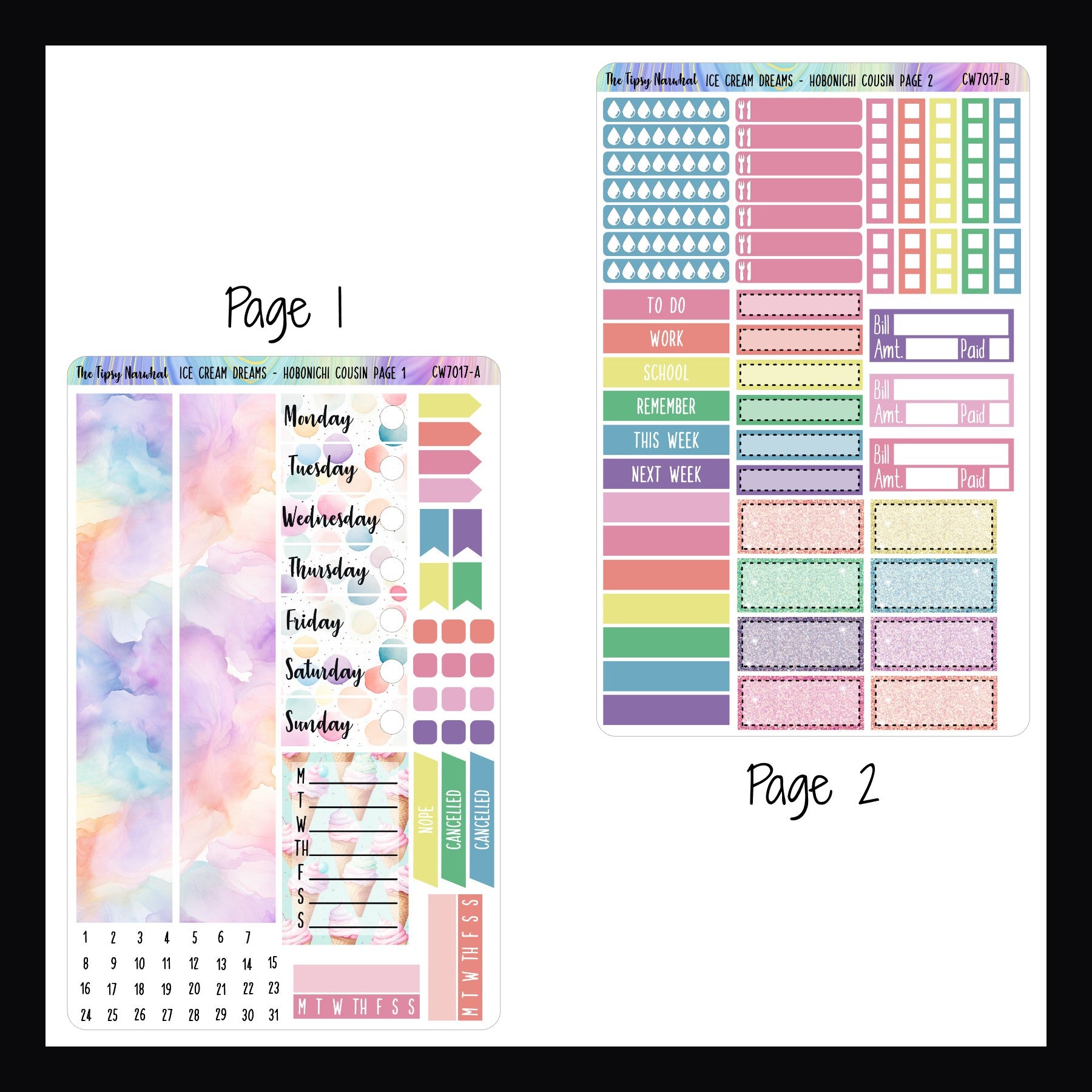 Ice Cream Dreams Hobonichi Cousin Kit Pages 1 and 2.  Page 1 features washi, date covers, a weekly sticker, habit tracking, cancellation stickers and a selection of flag and check box stickers.   Page 2 features water tracking, meal tracking, bill tracking stickers as well as headers, checklist and quarter and half box stickers. 
