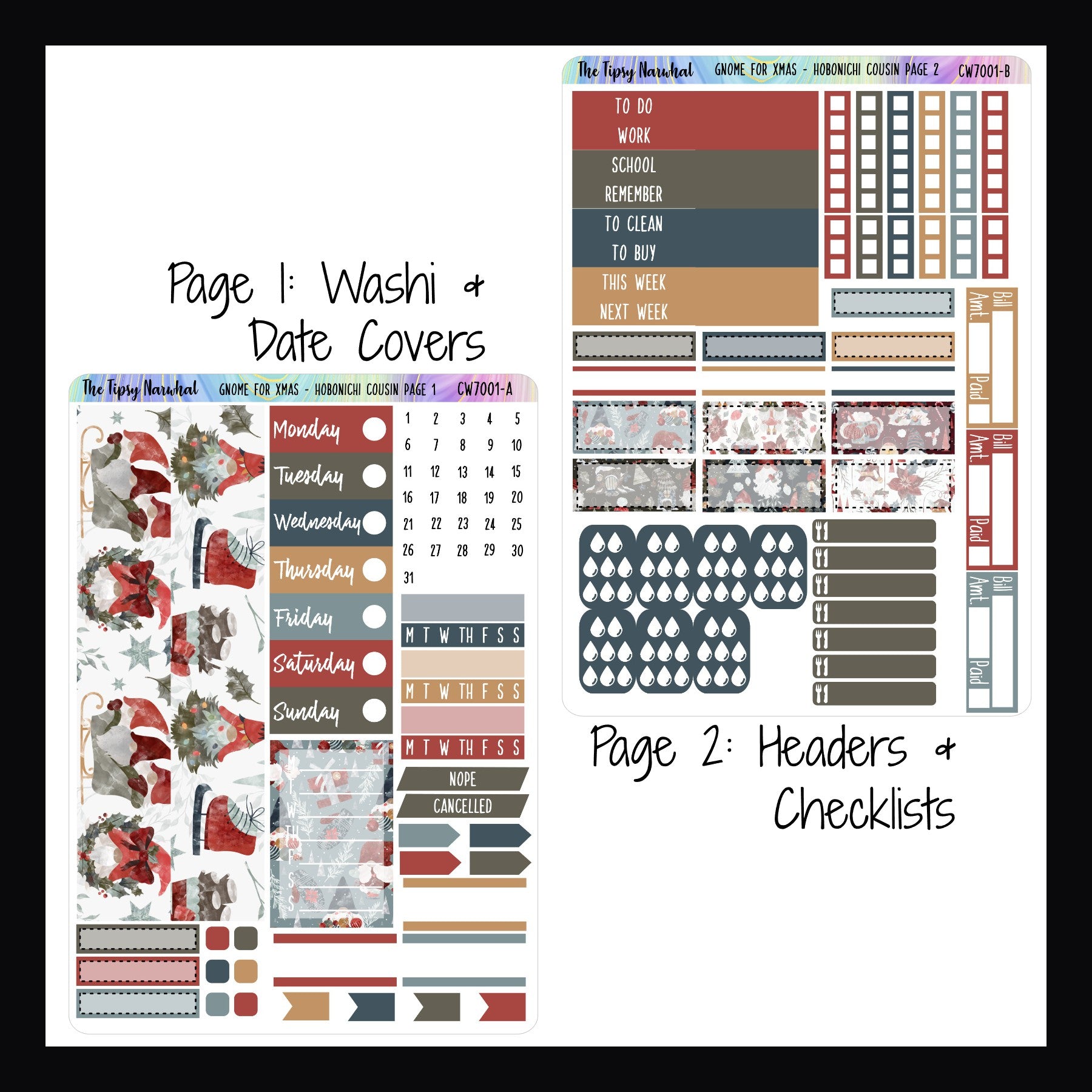 Gnome for Christmas Hobonichi Cousin kit pages 1 and 2.  Page 1 features washi strips and date covers. Page 2 features hydration tracking, meal planning and various header stickers.