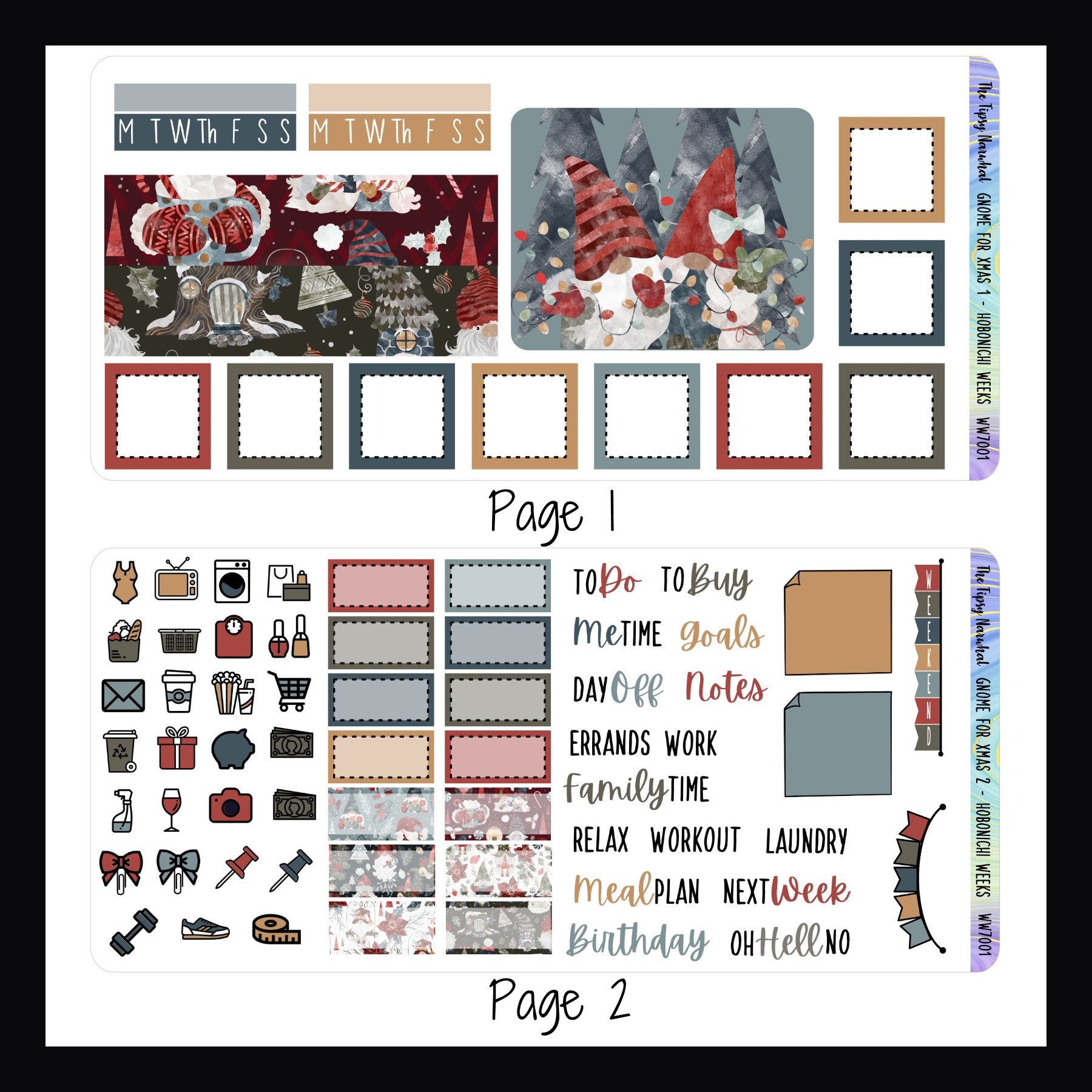 Gnome for Xmas Hobonichi Weeks Kit Pages 1 and 2, page 1 features square boxes, habit trackers, washi strips and decorative box sticker.  Page 2 features daily icons, appointment boxes, script stickers, weekend banner and sticky note style stickers