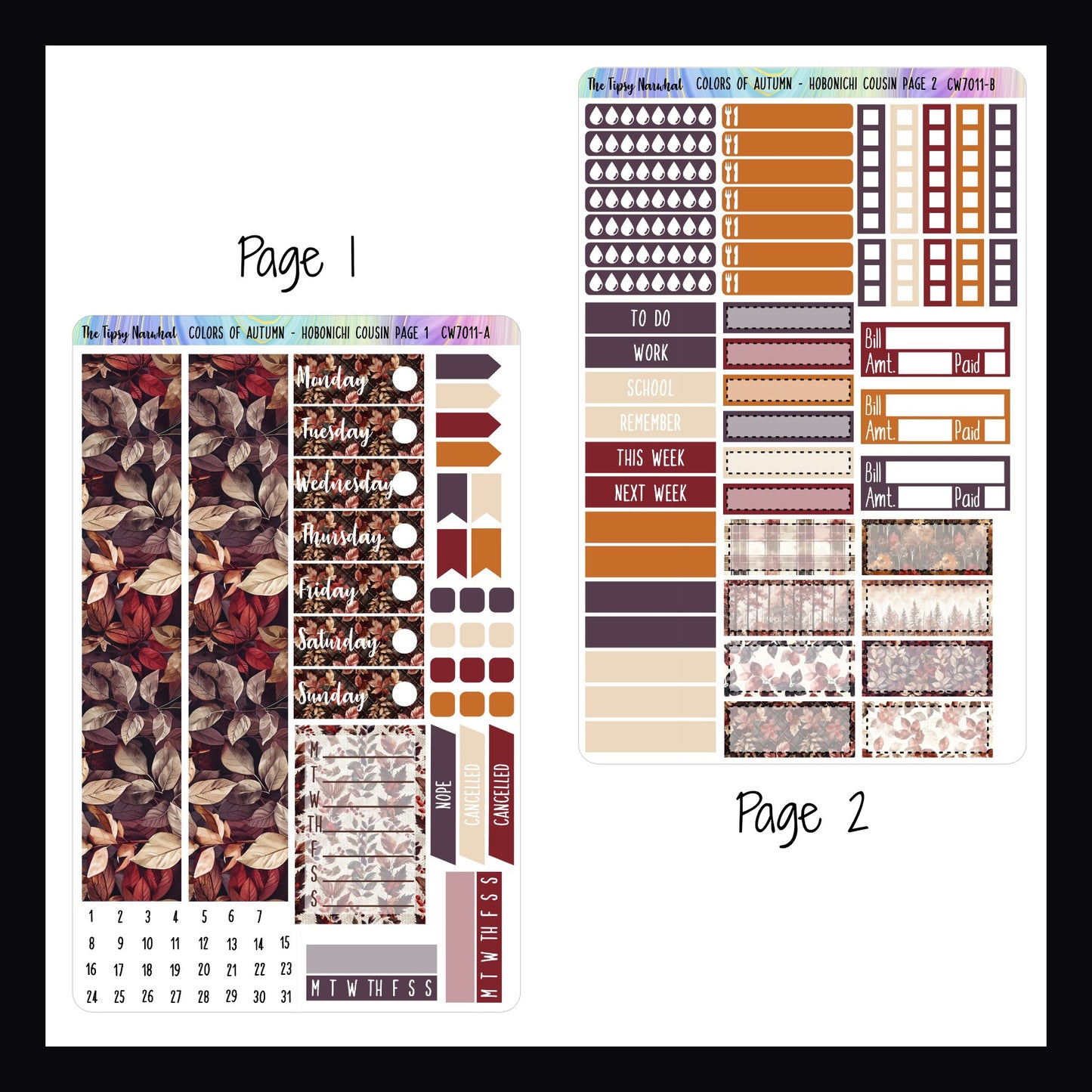 Colors of Autumn Hobonichi Cousin Kit Pages 1 and 2.  Page 1 features date covers, washi sheet, weekly sticker, habit tracking and page flags.  Page 2 features checklist stickers, headers, water and meal tracking stickers and a handful of appointment boxes. 