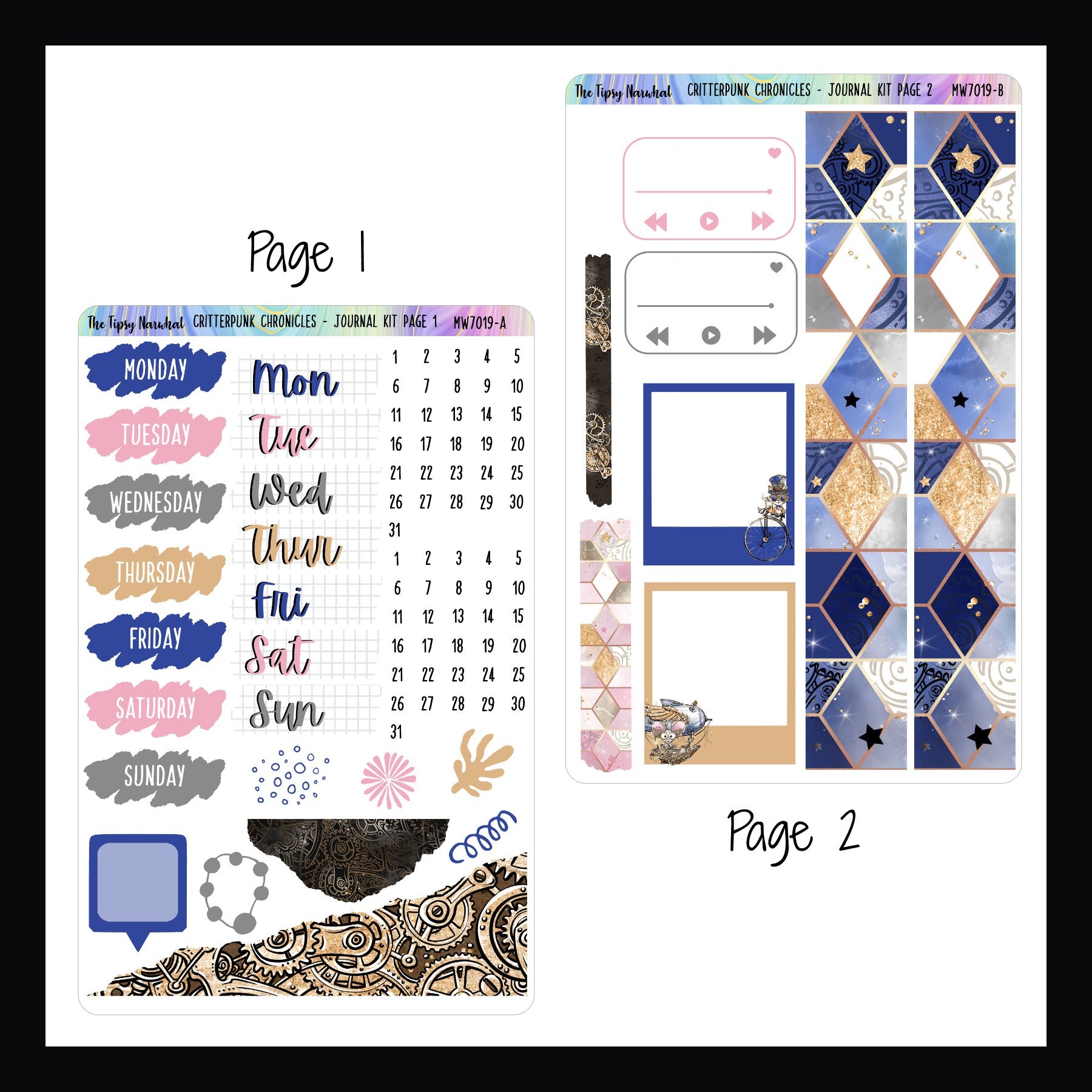 Critterpunk Chronicles Journal Kit pages 1 and 2.  Page 1 features date covers, speech bubble, ripped stickers and small scribble style stickers.  Page 2 features washi, photo frames, and playlist stickers. 