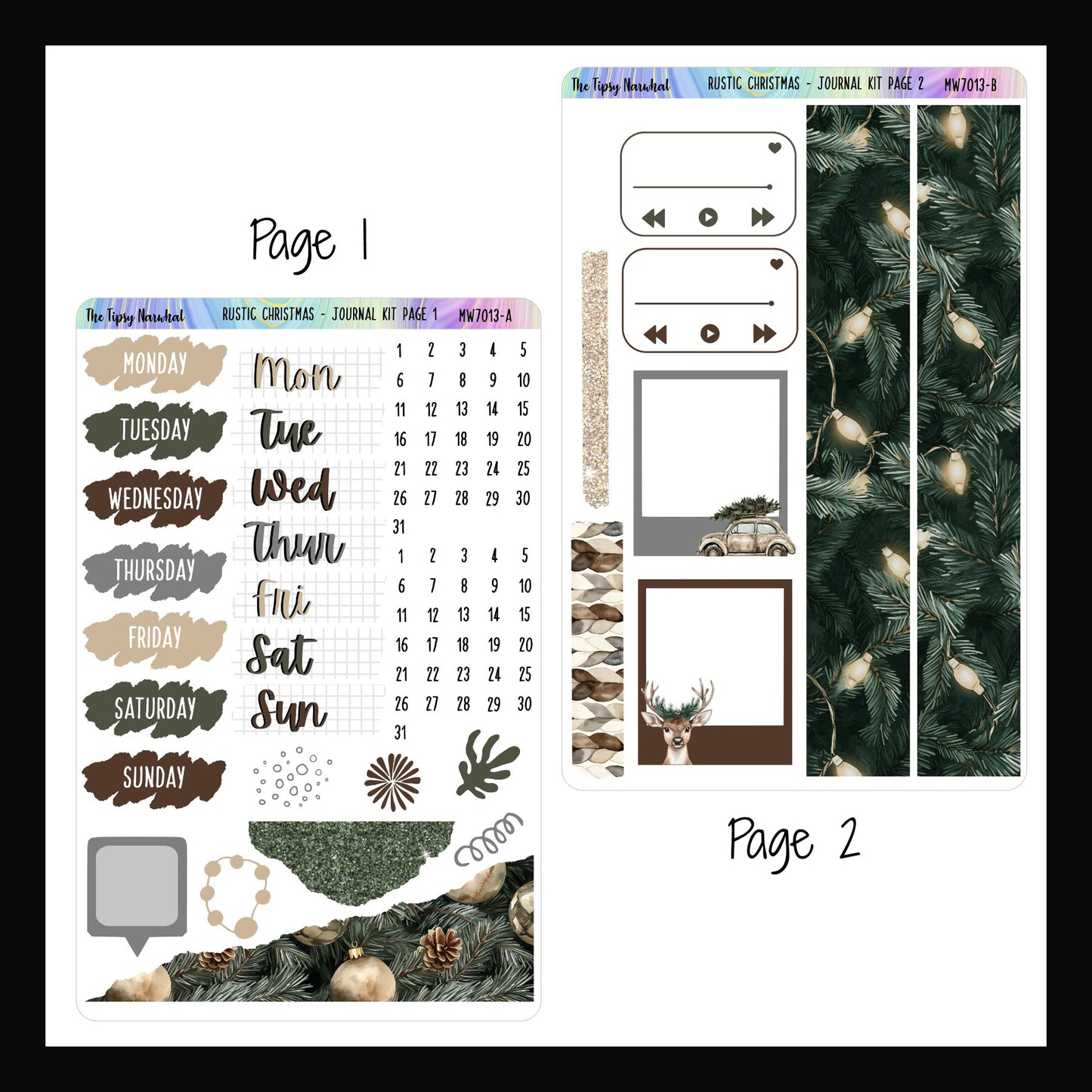 Rustic Christmas Journal Kit Pages 1 and 2.  Page 1 features two styles of date covers, some scribble style stickers, and two stickers with a ripped like appearance.  Page 2 features washi strips, playlist stickers, and photo frame stickers. 