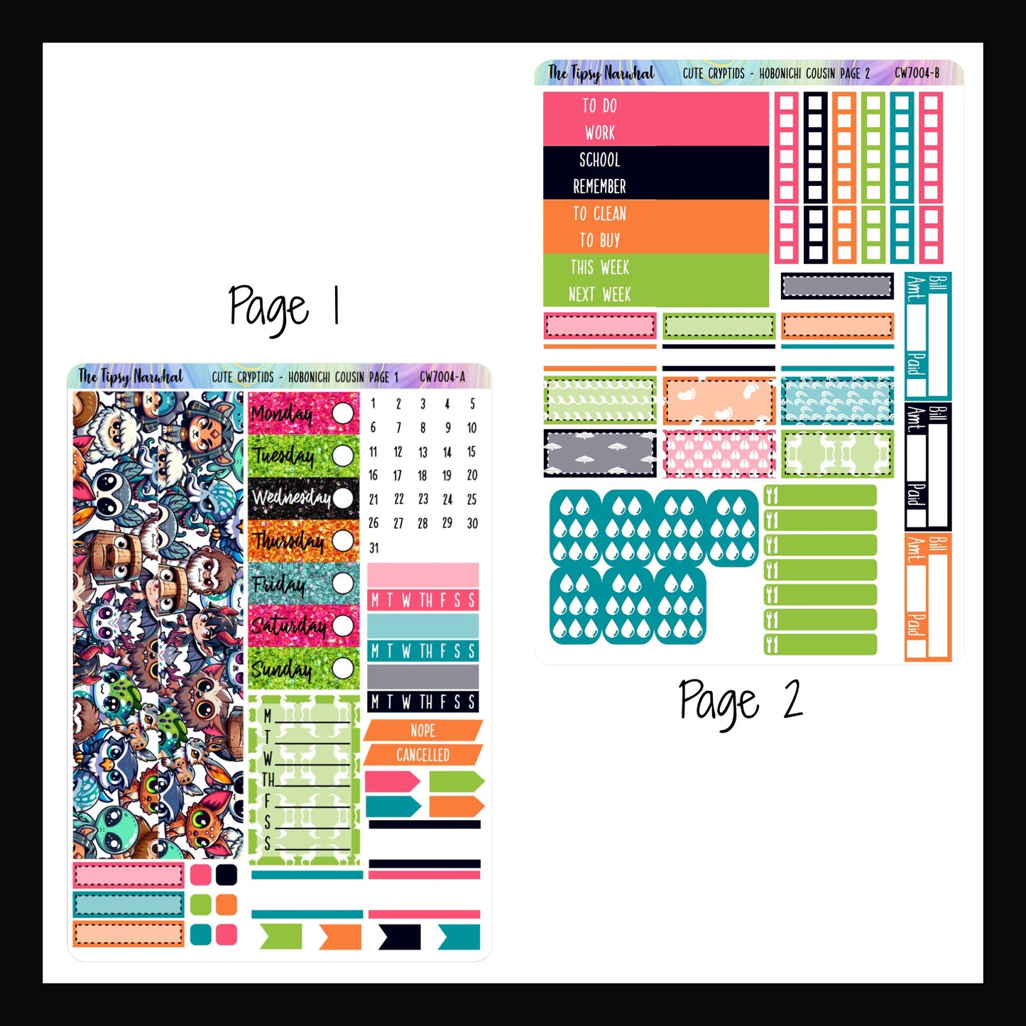 Cute Cryptids Hobonichi Cousin Kit Pages 1 and 2. Page one features washi stickers, date covers and habit tracker stickers.  Page 2 features header stickers, checklists, bill tracking, water tracking and meal tracking stickers. 