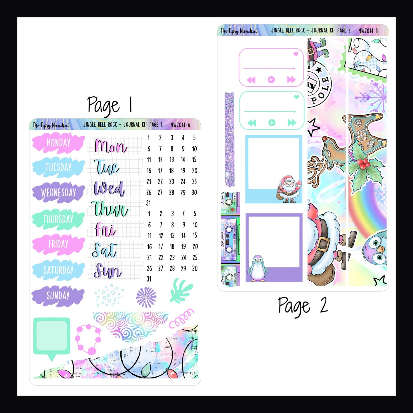 Jingle Bell Rock Journal Kit pages 1 and 2.  Page 1 features ate covers, ripped and scribble style stickers.  Page 2 features holiday themed washi, photo frame stickers, and playlist stickers. 