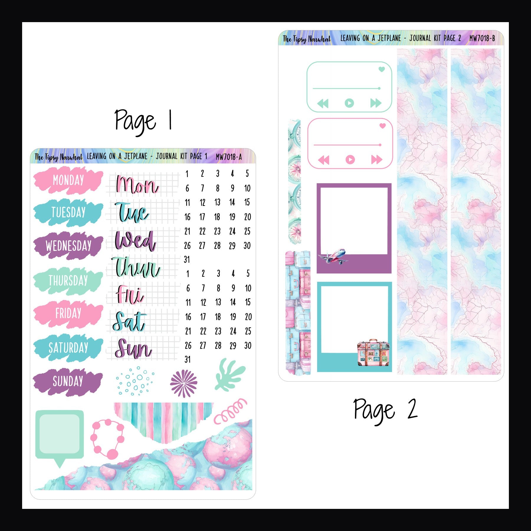 Leaving on a Jet Plane Journal Kit pages 1 and 2.  Page 1 features two sets of date covers, a speech bubble sticker and stickers with some scribbled and ripped appearances.  Page 2 features washi style stickers, playlist stickers and photo frame stickers. 