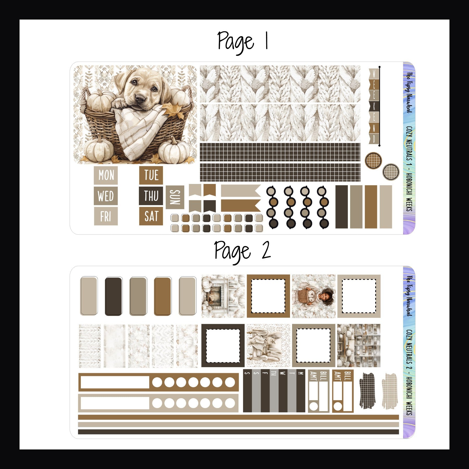 Cozy Neutrals Hobonichi Weeks pages 1 and 2.  Page 1 features a decor box, washi strips, date covers, page flags and headers.  Page 2 features habit trackers, weekly sticker, bill tracking stickers appointment stickers and additional square stickers. 