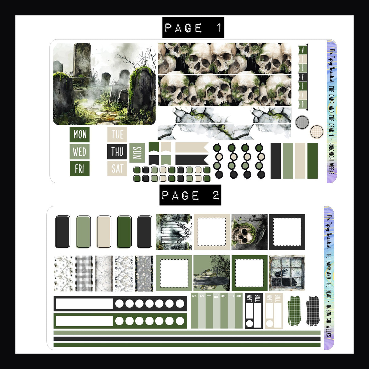 The Damp and The Dead Hobonichi Weeks Sticker Kit Page 1 features a large decor sticker and washi strips.  Page 2 features habit trackers, appointment boxes, bill trackers and skinny washi.