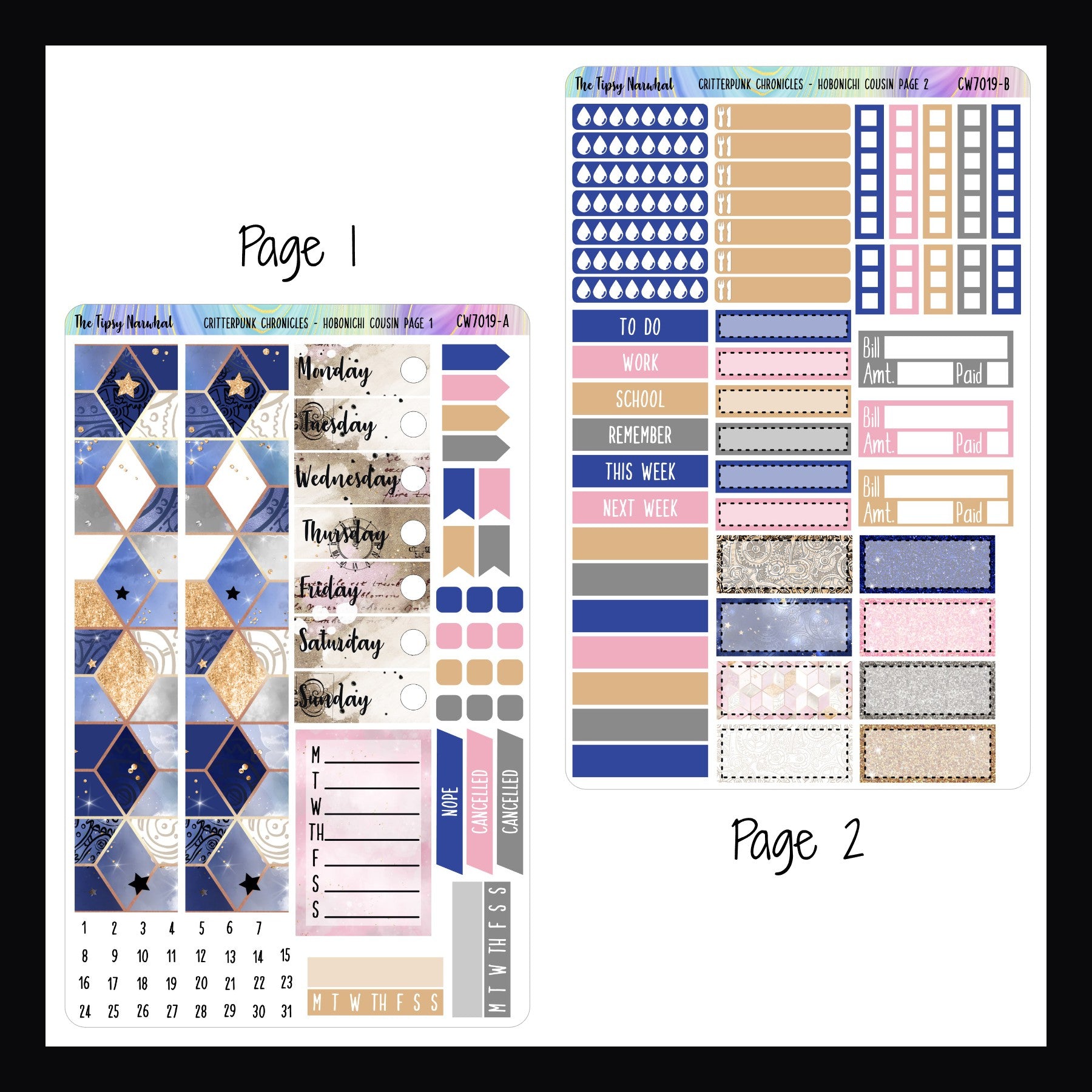Critterpunk Chronicles Hobonichi Cousin Kit pages 1 and 2.  Page 1 features washi, date cover stickers, a weekly sticker, habit trackers, page flags and cancelled stickers.  Page 2 features hydration and meal tracking stickers, headers, checklists, bill tracking and various appointment stickers.